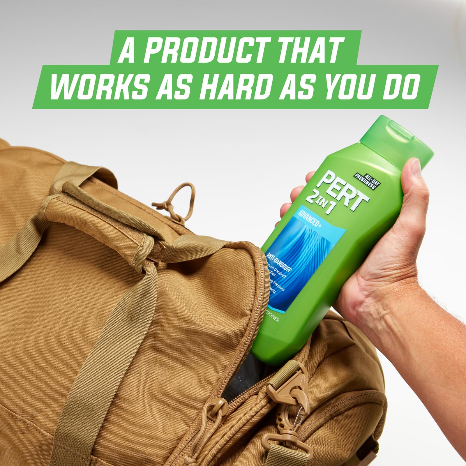 Pert Plus 2-in-1 dandruff control shampoo and conditioner in a 25.4oz bottle, shown in a pack of four bottles.