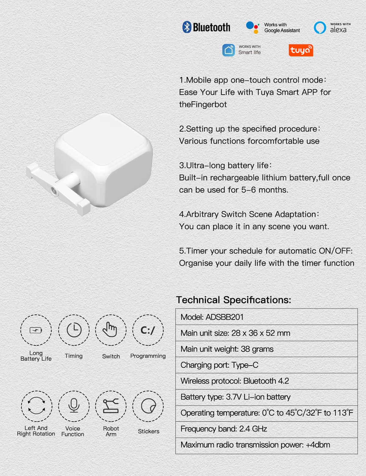 MOES Rock Switch Fingerbot Gen 3, Smart Button Pusher, Timer Control – alternate angle