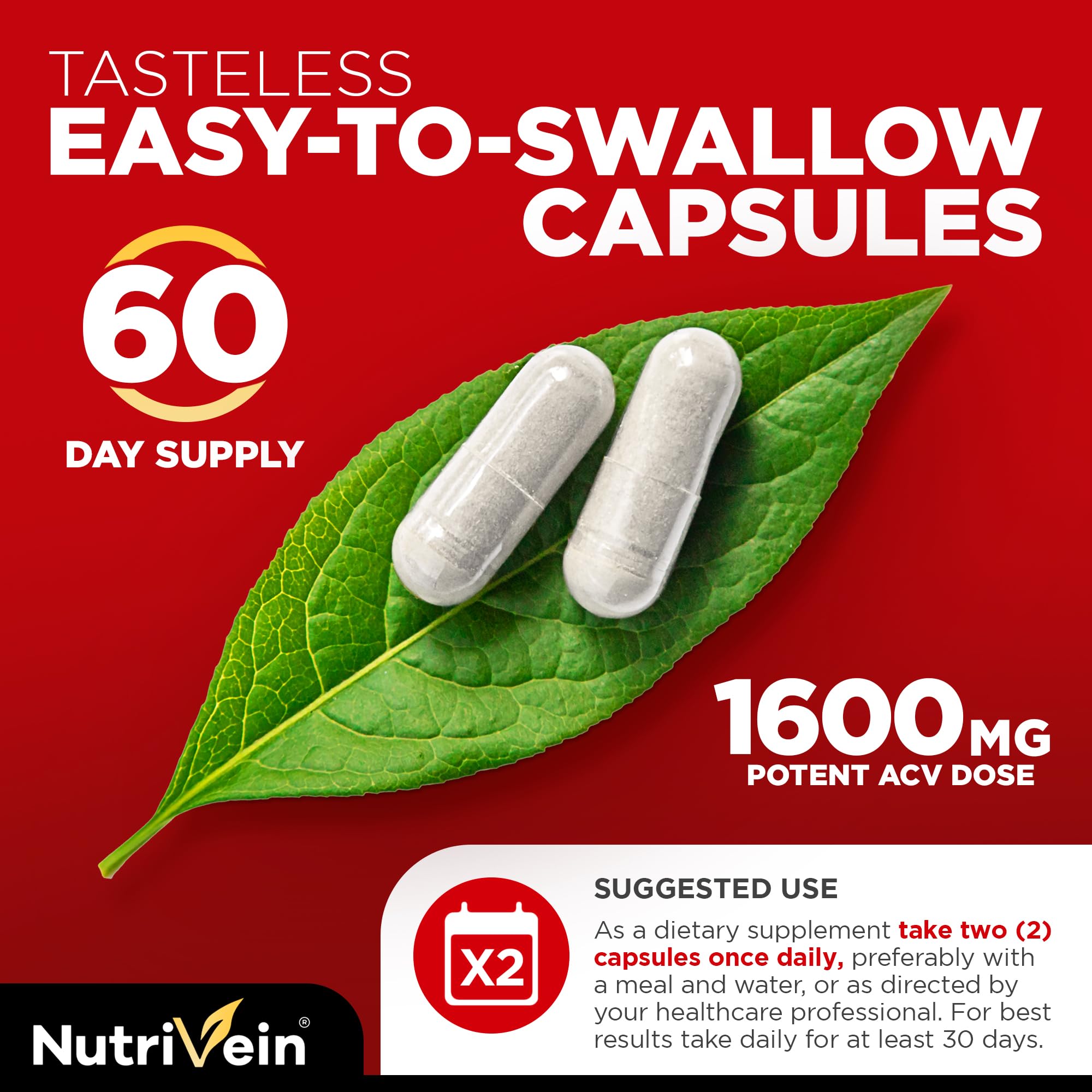 Nutrivein Apple Cider Vinegar Supplement with Mother 1600 mg - 120 Capsules