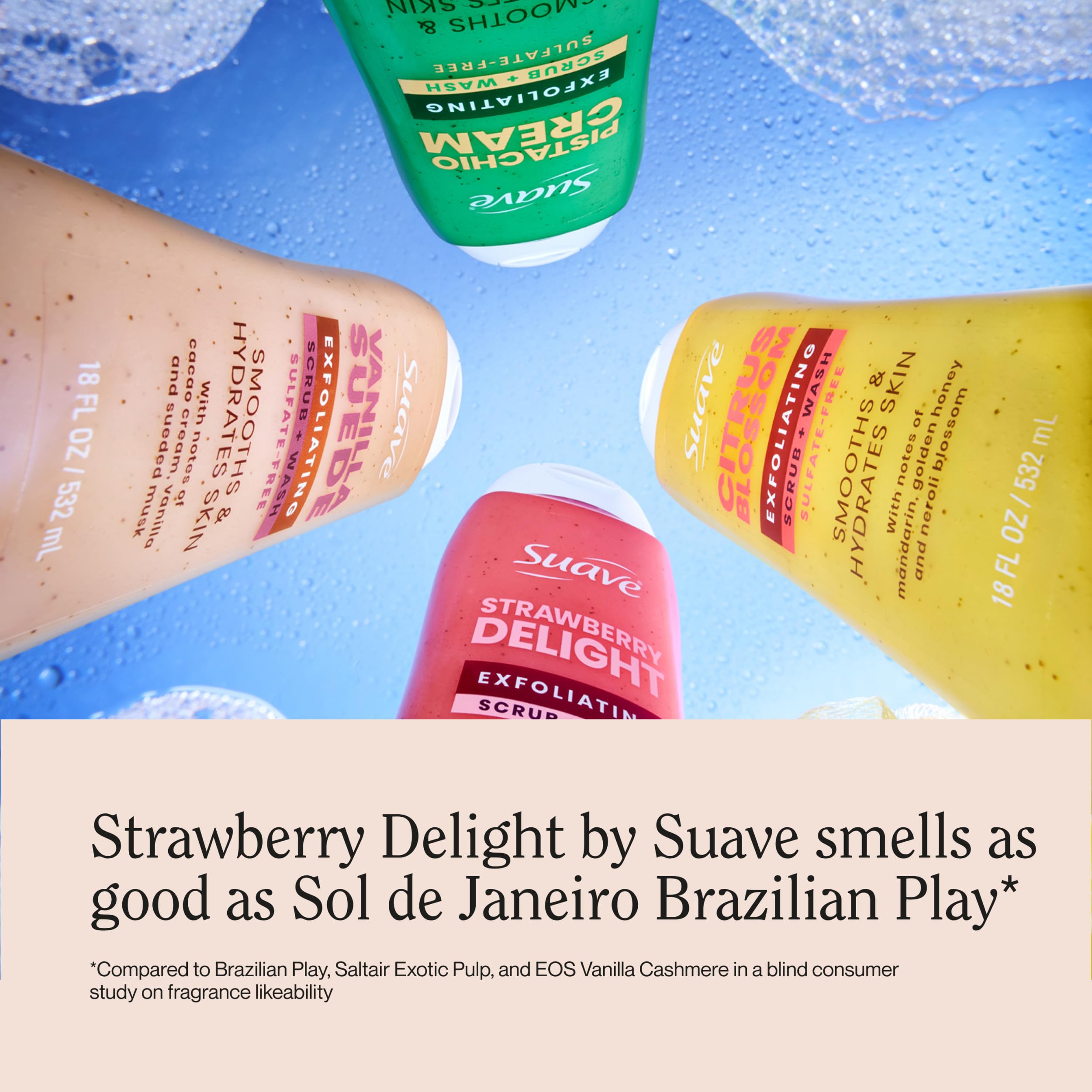 Suave Strawberry Delight Exfoliating Body Wash & Scrub with Glycerin & Vitamin E, Sulfate-Free Hydrating Cleanser for Soft, Smooth Skin, 18 FL OZ Pack of 6
