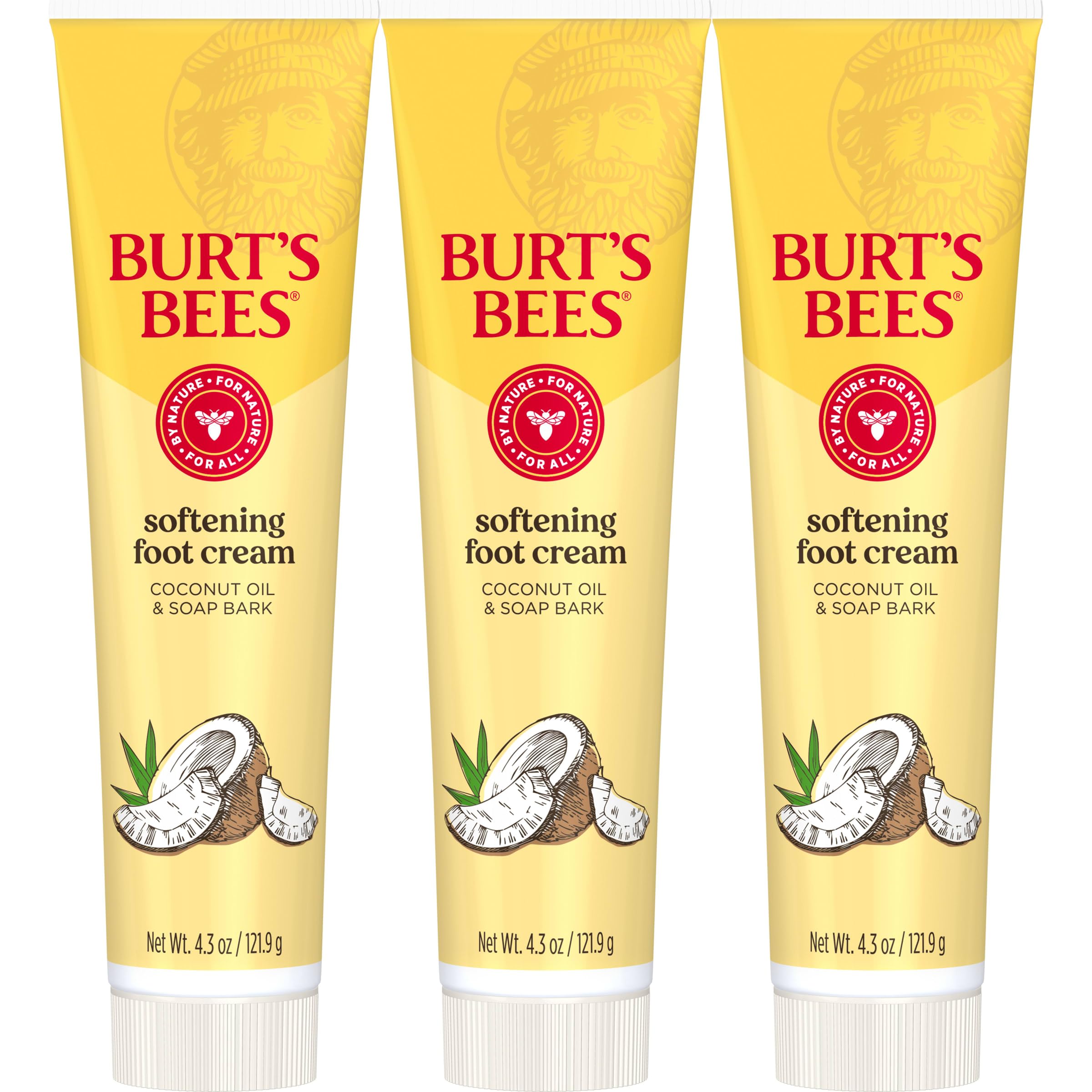 Burt's Bees Softening Foot Cream with coconut oil and soap bark, 4.3 oz, shown in a pack of three, for moisturized, smooth feet.