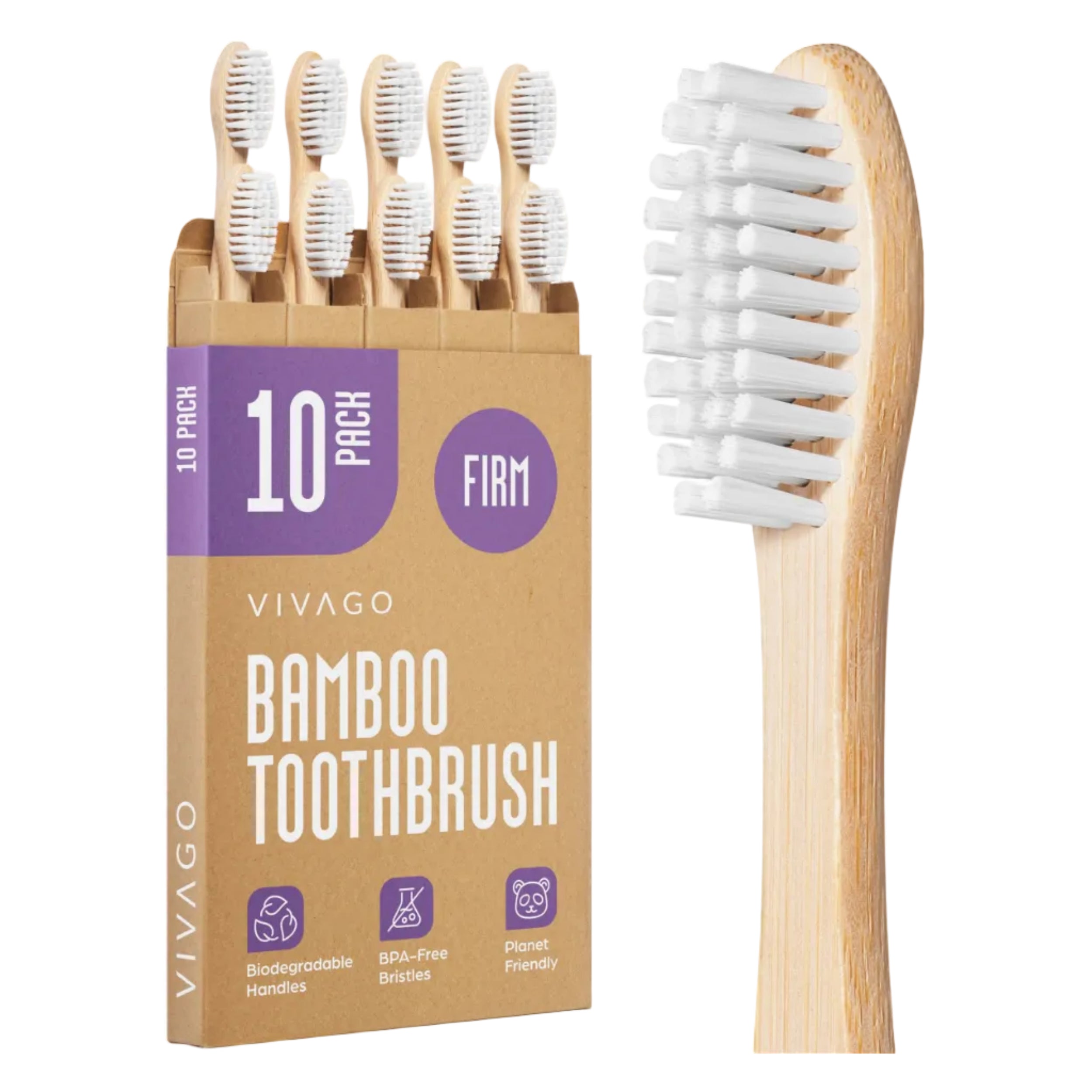 VIVAGO bamboo firm toothbrushes for adults, 10-pack, with natural wooden handles and durable bristles for effective cleaning.