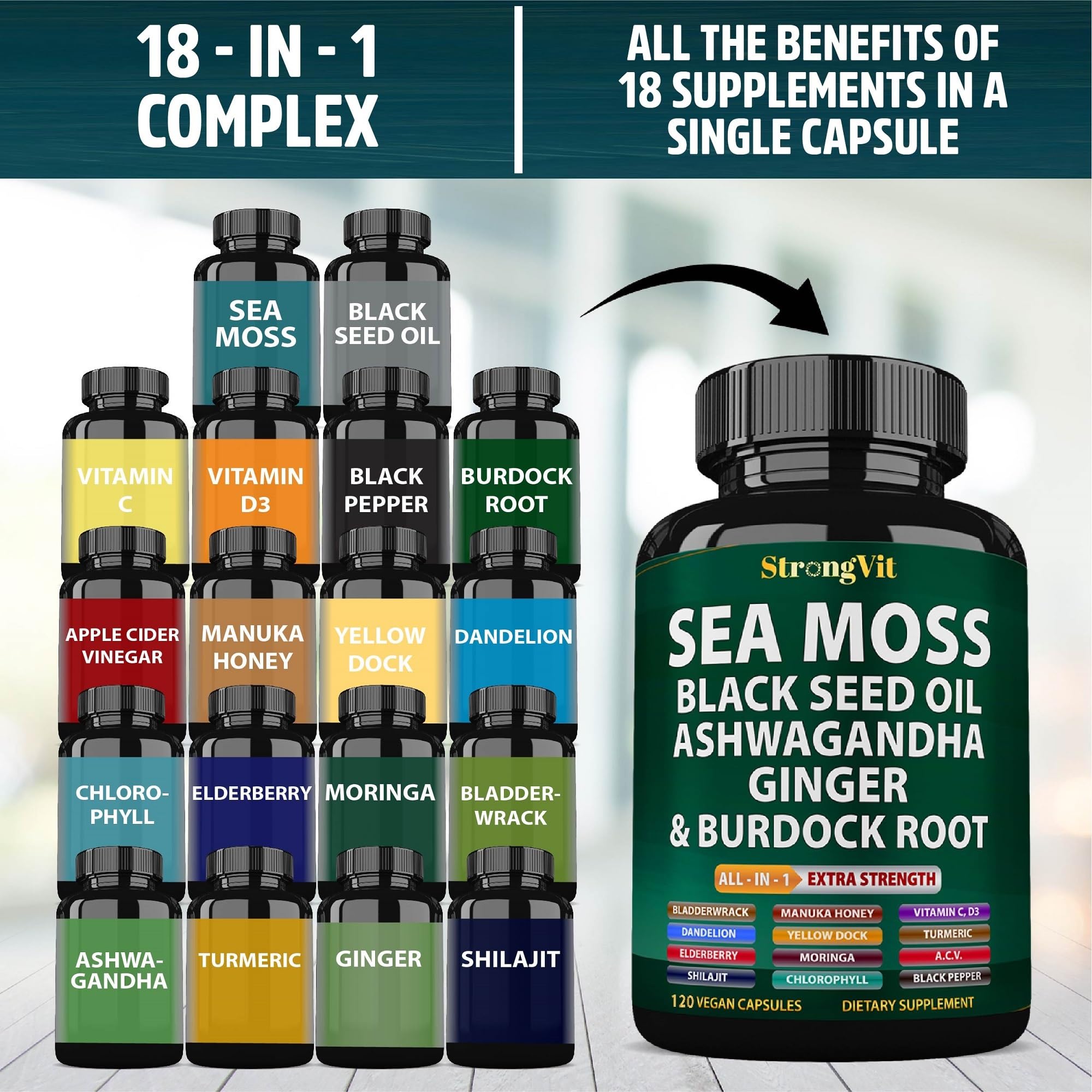 Sea Moss Black Seed Oil Ashwagandha Ginger, Organic Seamoss - 120 Capsules
