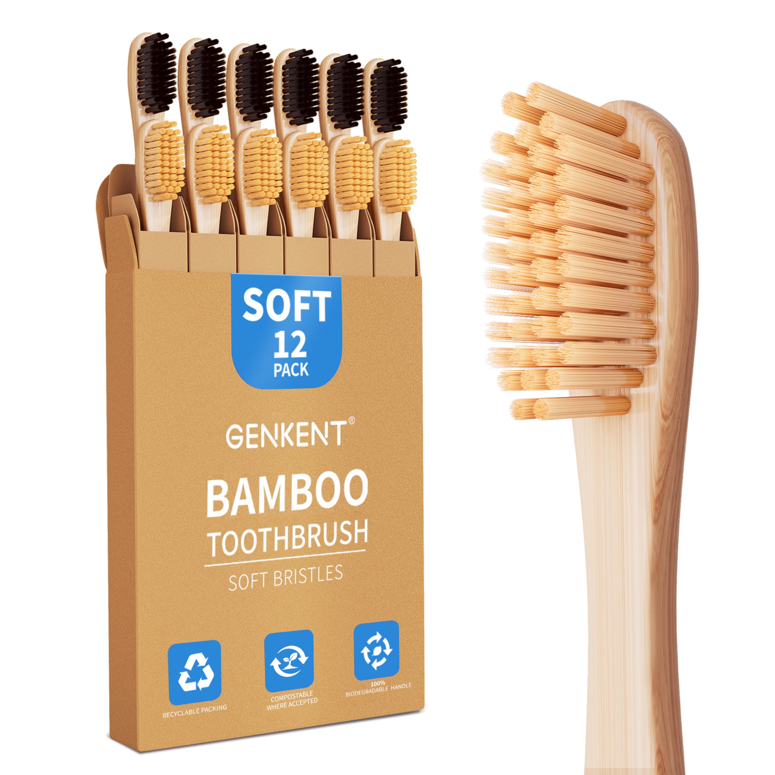GENKENT Bamboo Toothbrushes 12 Pack BPA Free Soft Bristles - Product Imagery