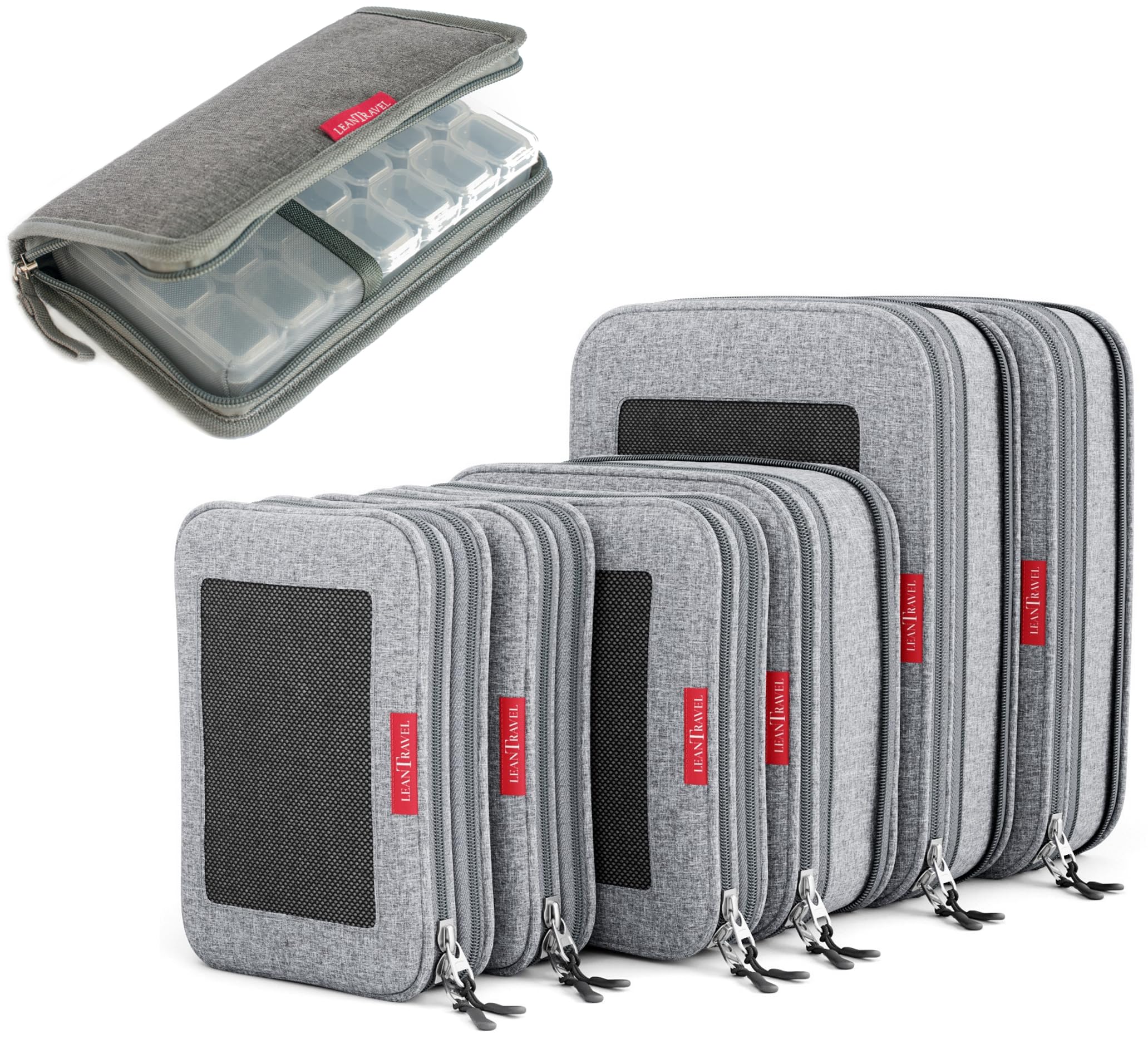 LeanTravel Bundle Compression Packing Cubes 6 Set + Pill Case - Product Imagery