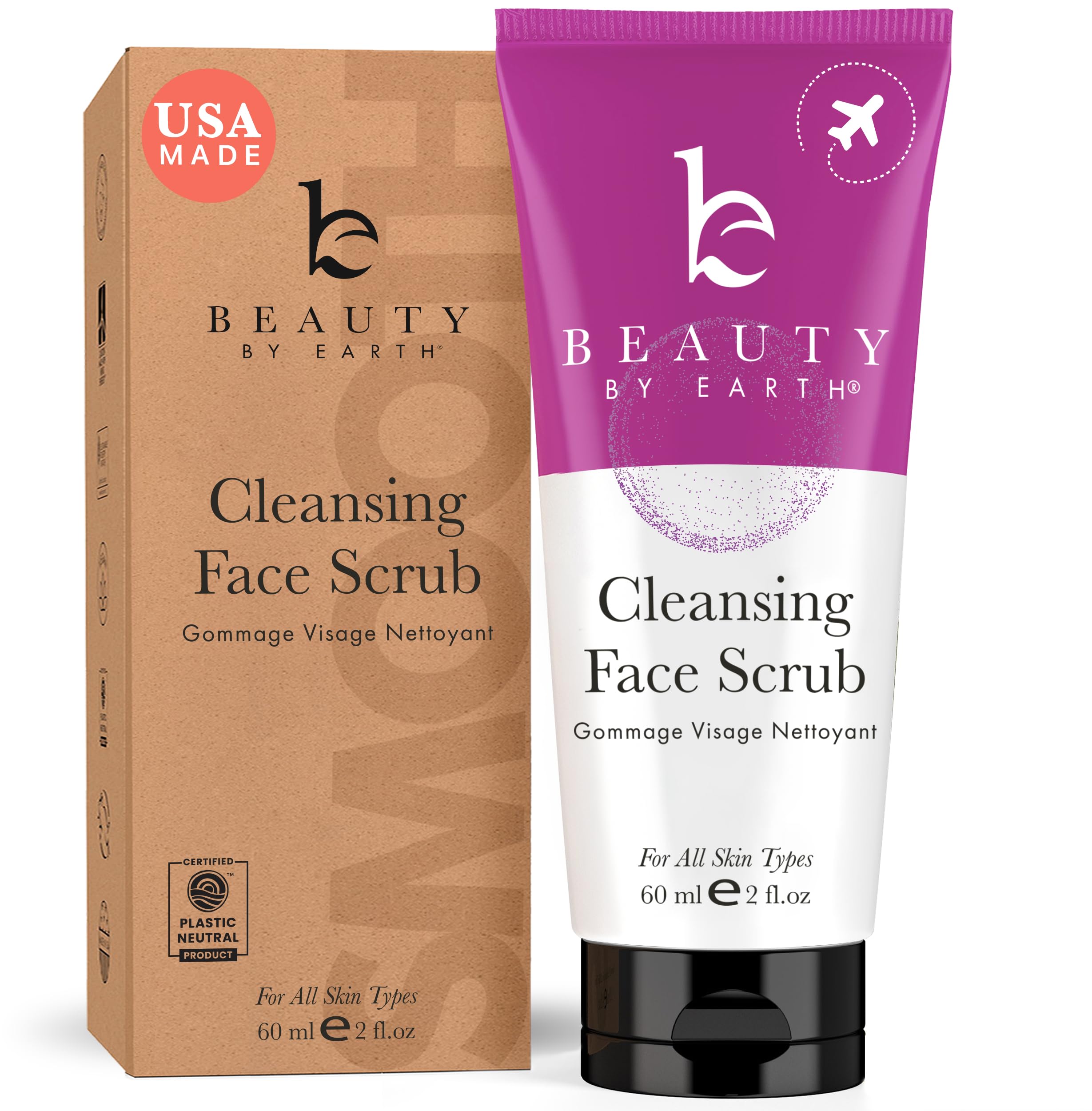 Beauty by Earth facial scrub exfoliator in 81g container, natural and organic ingredients for smooth, refreshed skin.