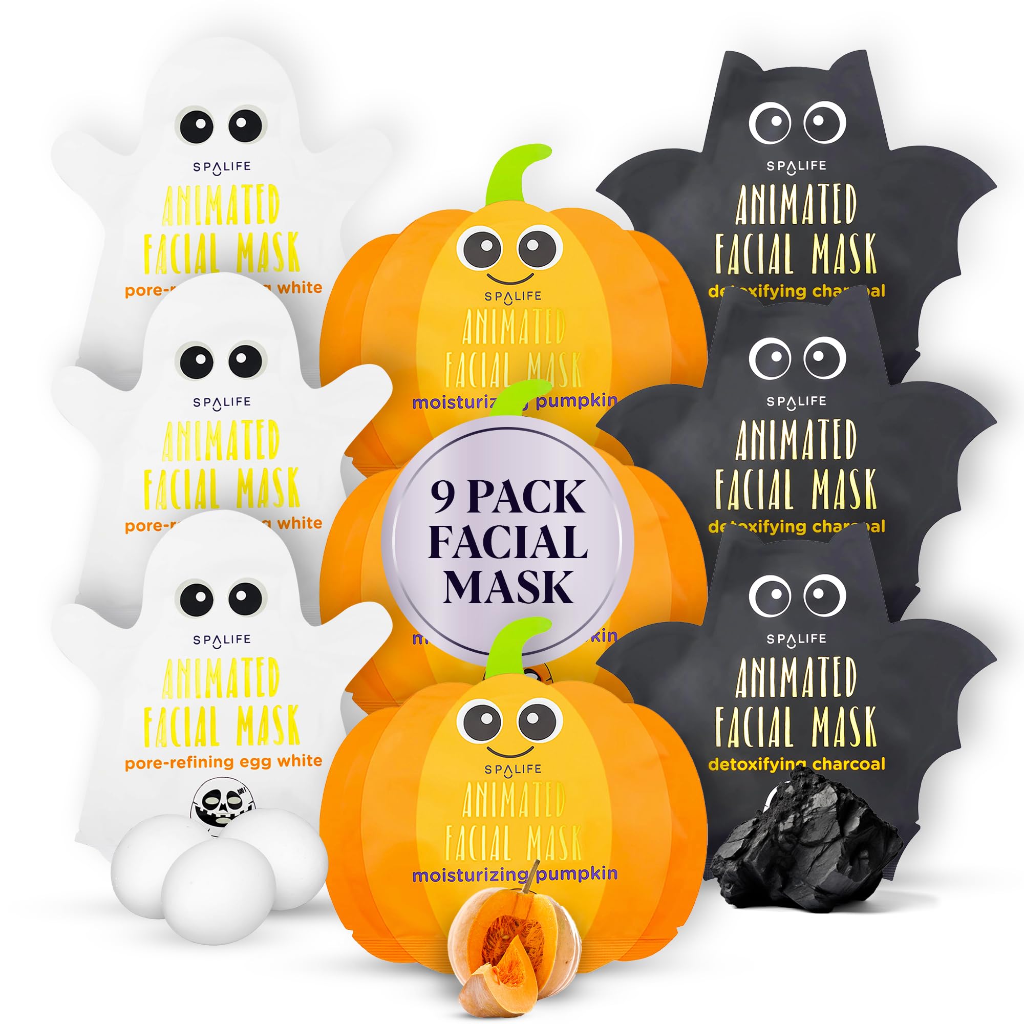 SpaLife Facial Mask Sheet Bundle - Pumpkin, Ghost, Bat - - Product Imagery