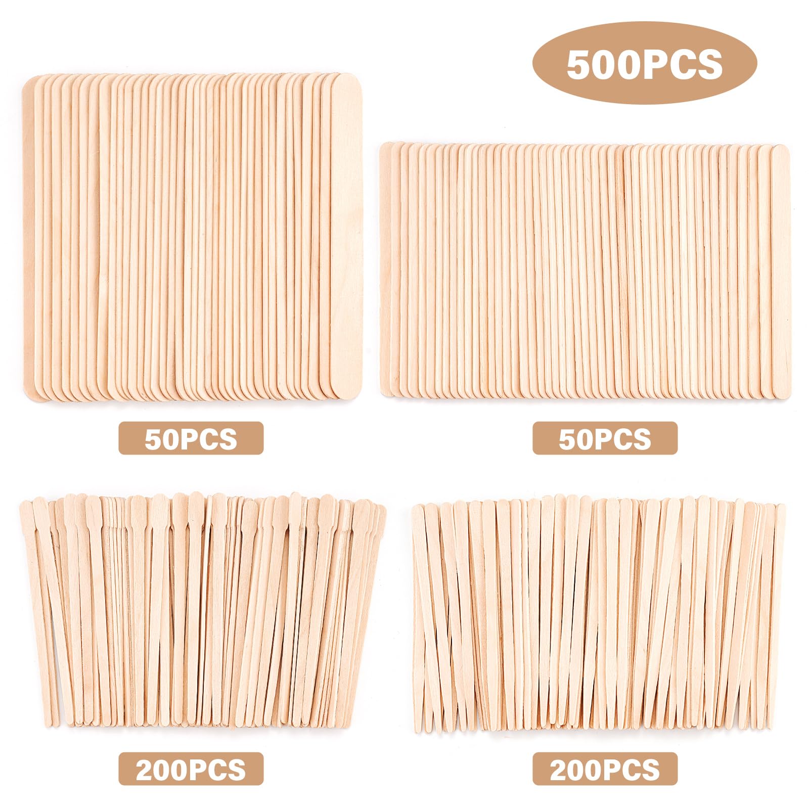 EWVVSS 500 pcs waxing sticks in four sizes, wooden applicators for beauty and waxing treatments, arranged in a display.