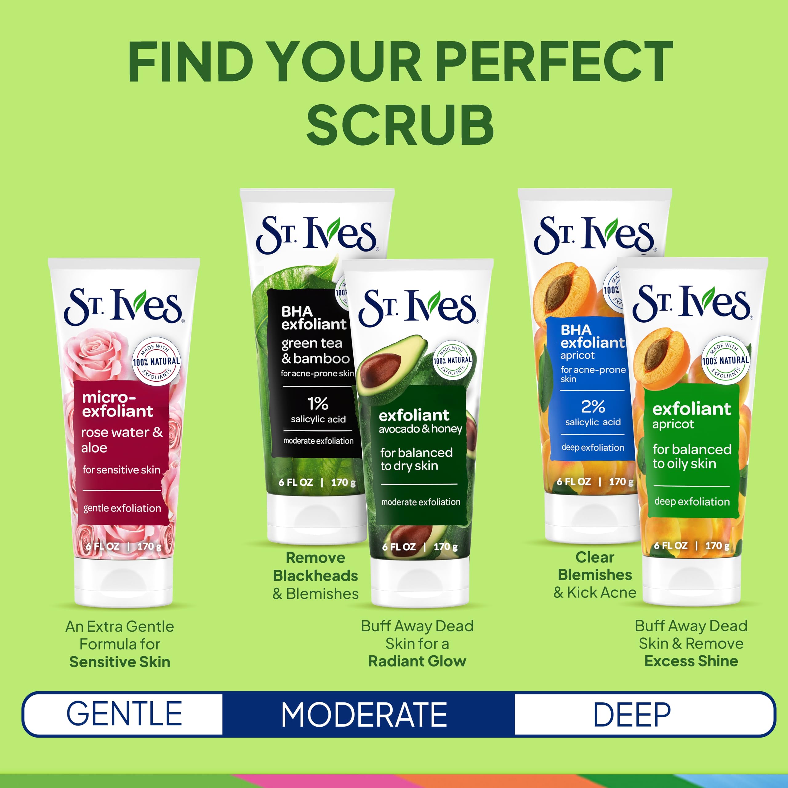 St. Ives Blackhead Clearing Face Scrub with green tea, 6oz, showing the exfoliating scrub product in a tube.