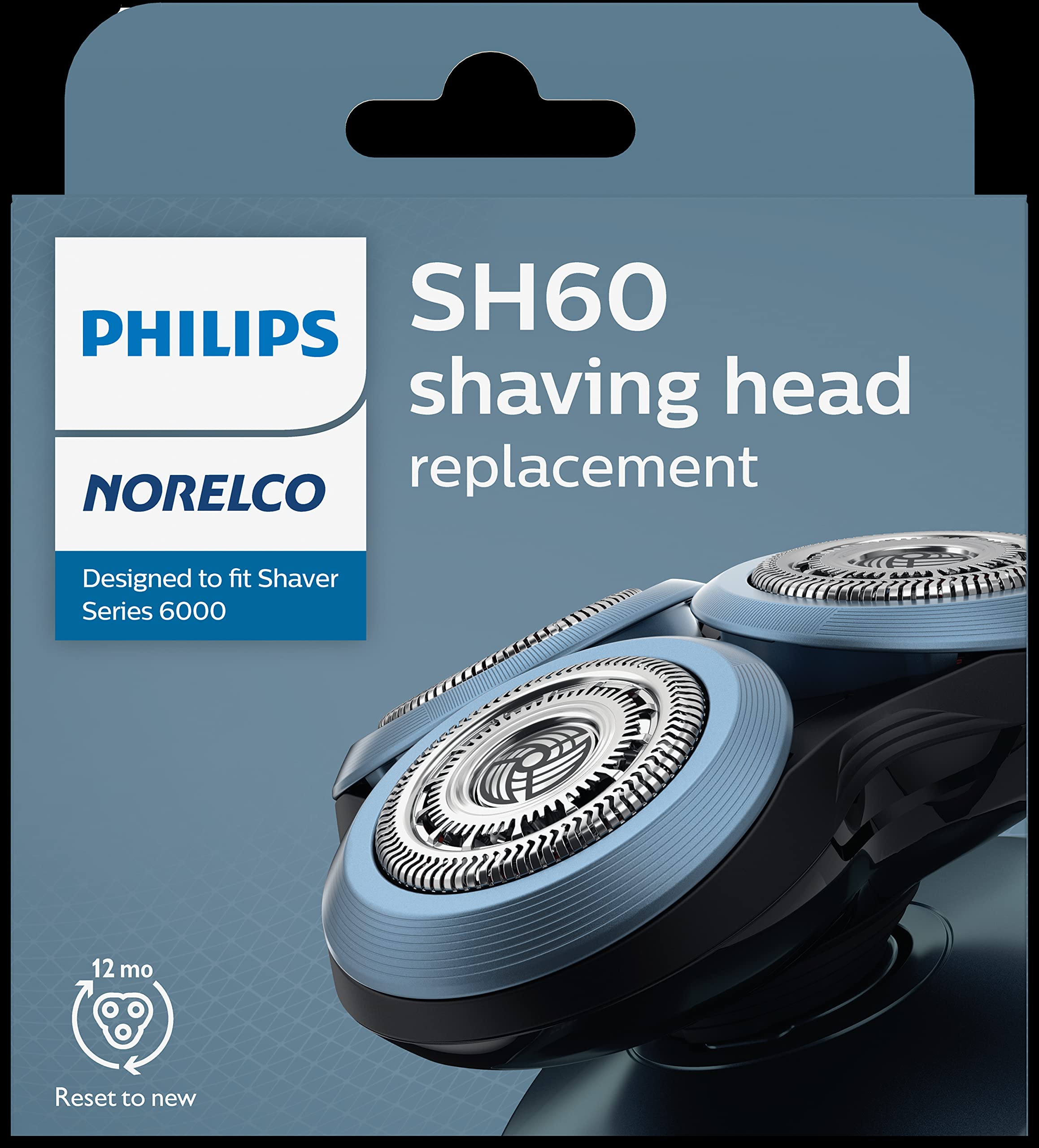 Philips Norelco SH60/72 replacement shaver heads 3-pack for electric shaver, with stainless steel blades and flexible cutting elements.