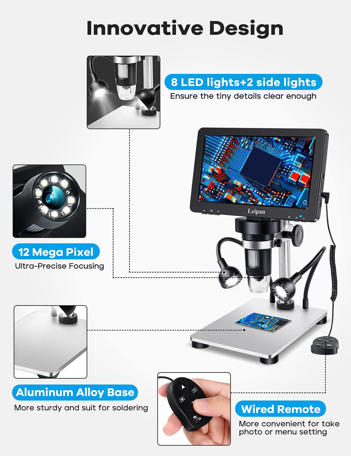 Leipan 7" LCD Digital Microscope 1200X,12MP Coin Microscope with Screen – full view