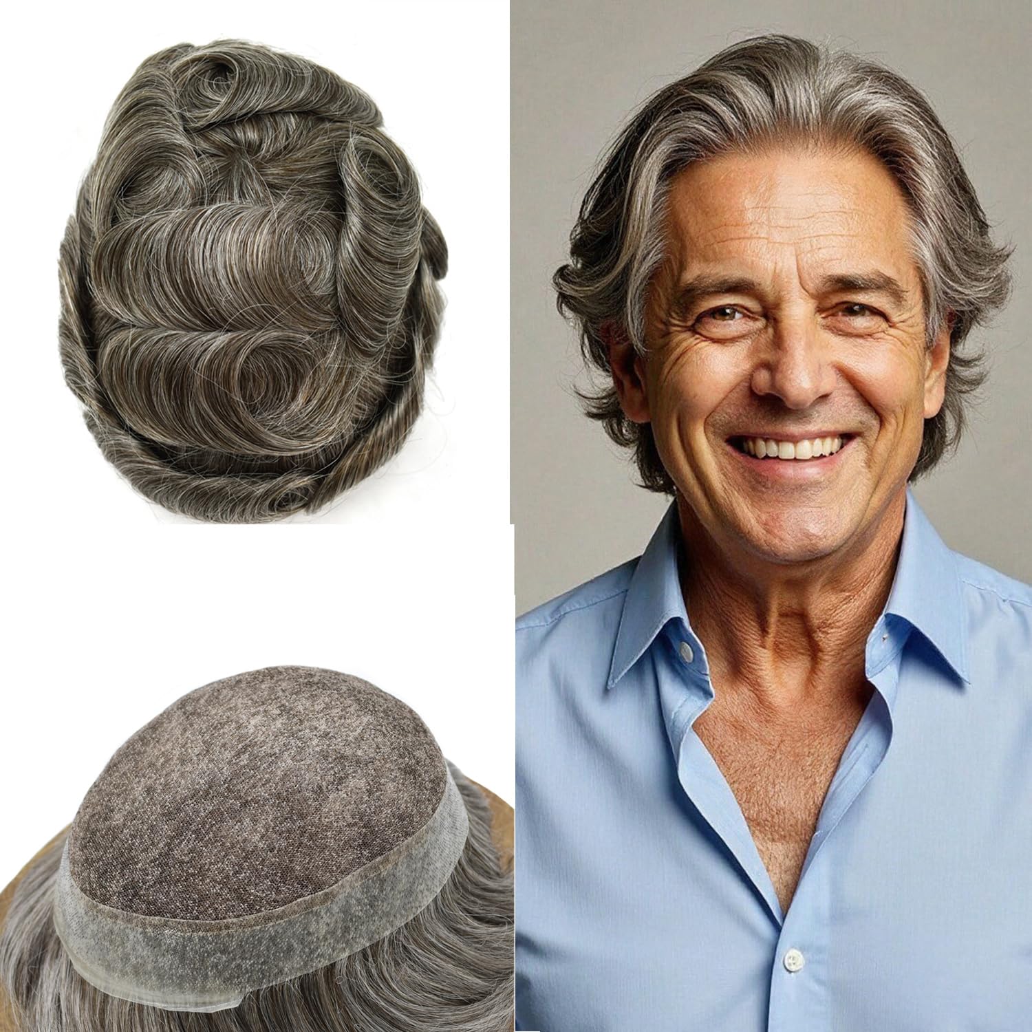 SINGA HAIR men's toupee wig with natural human hair, Swiss lace base, medium brown with grey, light to medium density, 6x9 inch cap