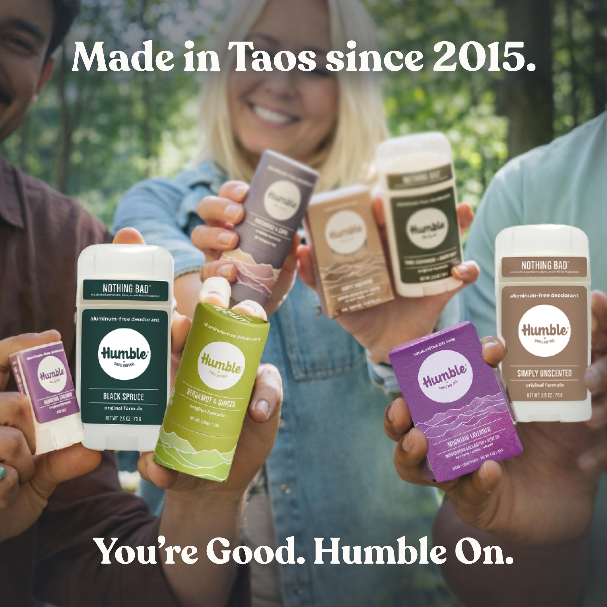 Humble aluminum-free deodorant variety pack with three 81g sticks, natural ingredients, and simple, true branding for body freshness.