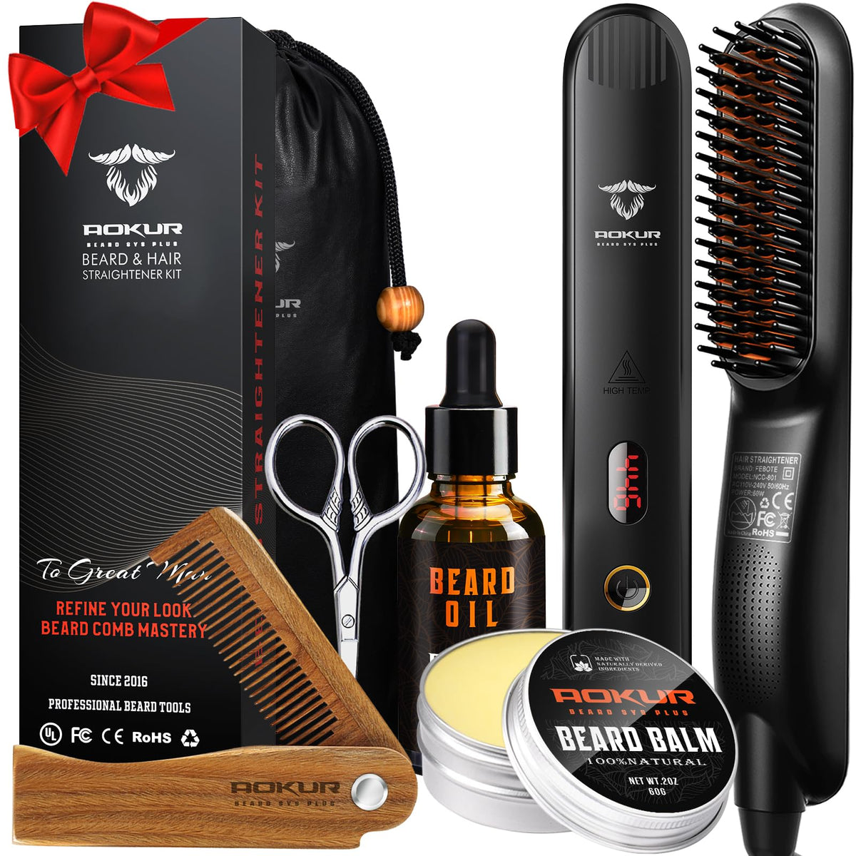 aokur Beard Straightener for Men – 5-Temp Heated Brush with Anti-Scald Tech – Grooming Kit with Sandalwood Comb, Balm, O
