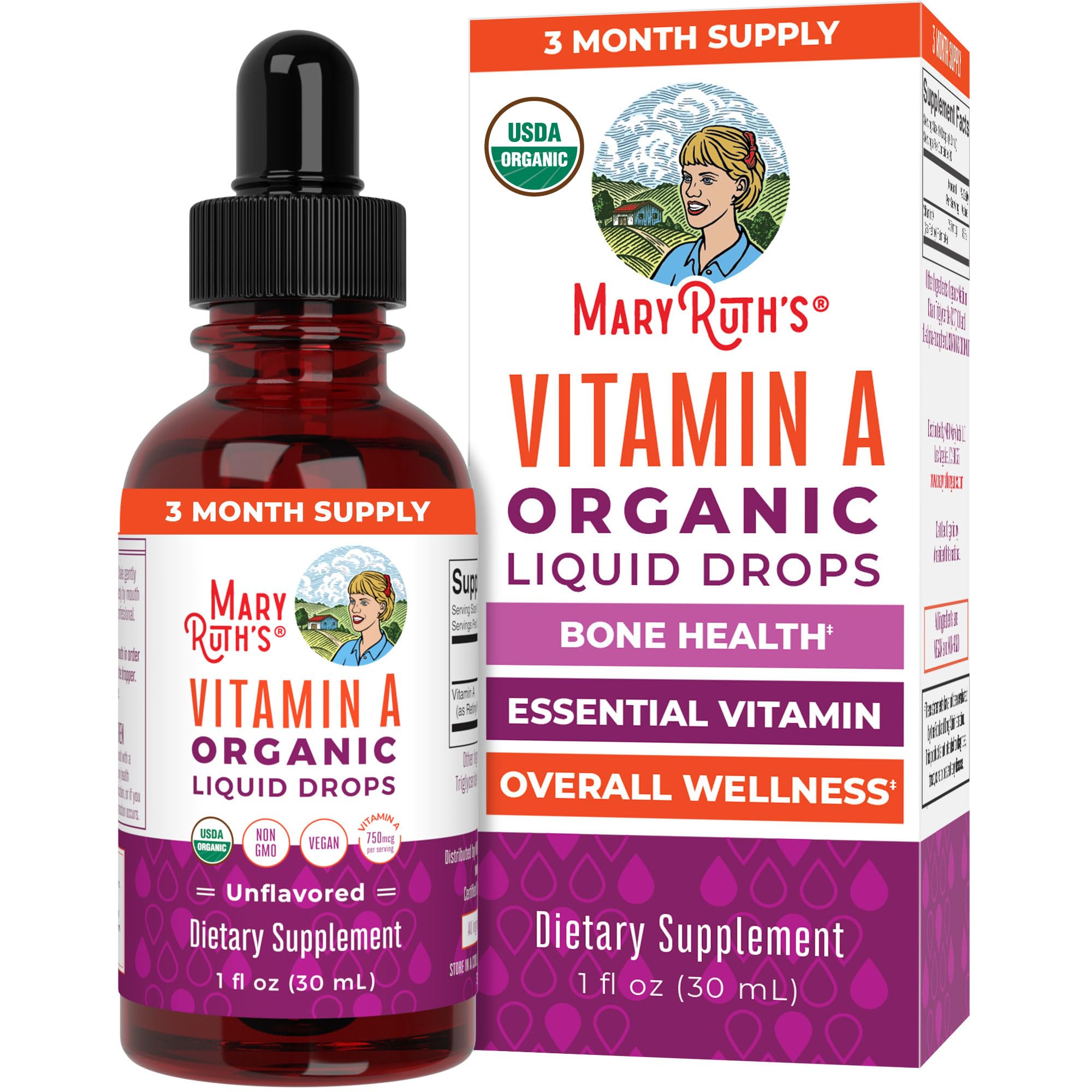MARYRUTH'S Organics USDA Organic Vitamin A Liquid Drops, 1 oz, - Product Imagery