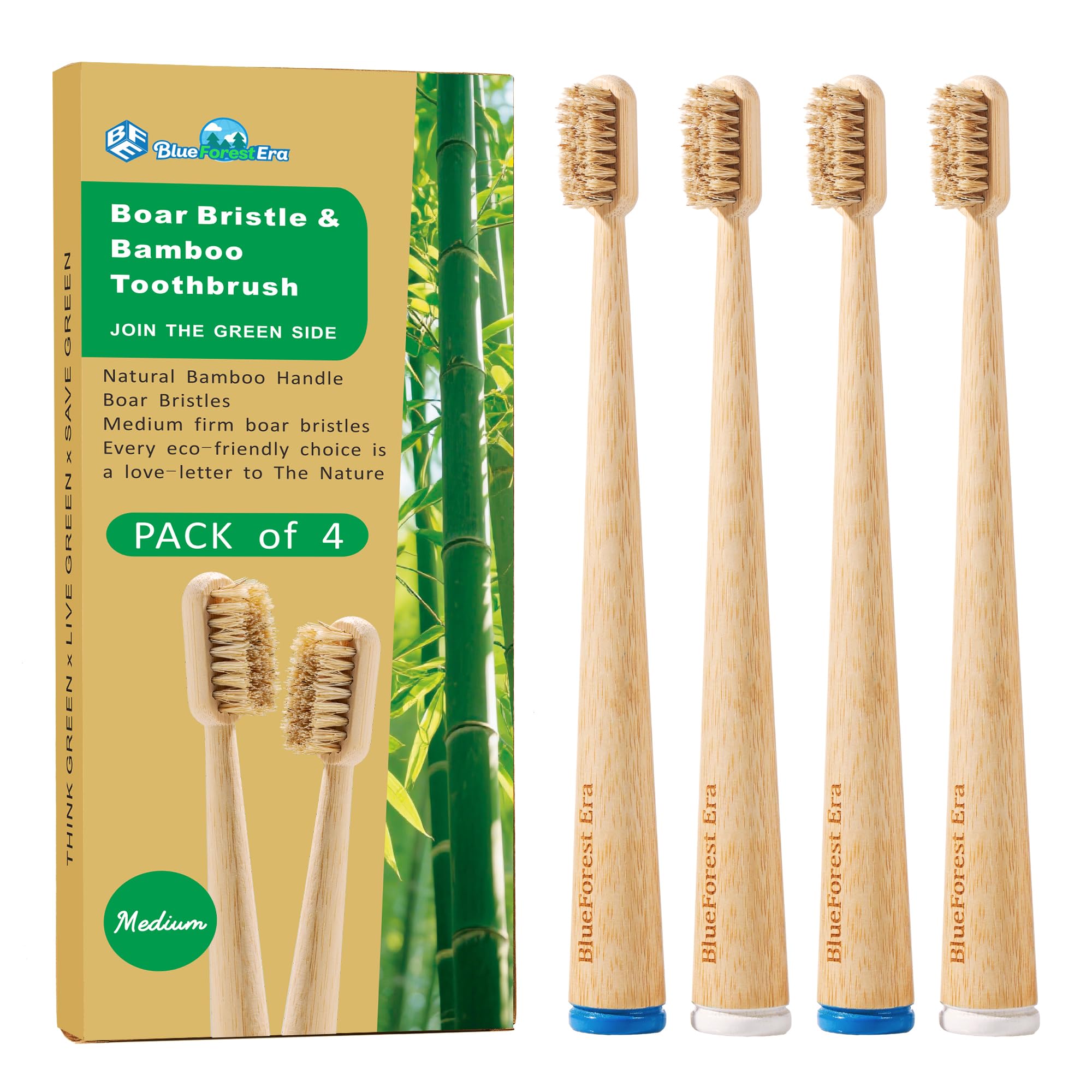 Boar Bristle Bamboo Toothbrushes Plastic Free 4 Pack - Product Imagery