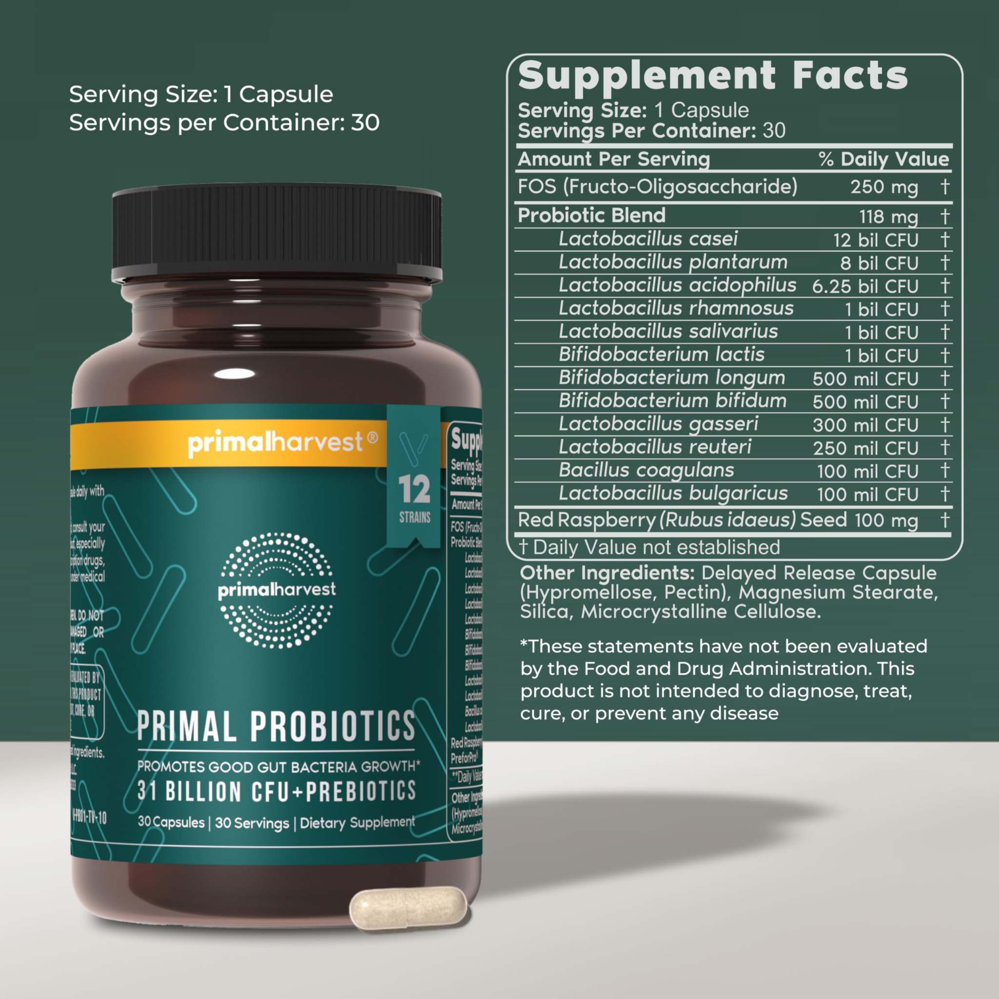 Primal Harvest probiotic supplement bottle showing 12 strains, dietary supplement for digestive health, 81g package.