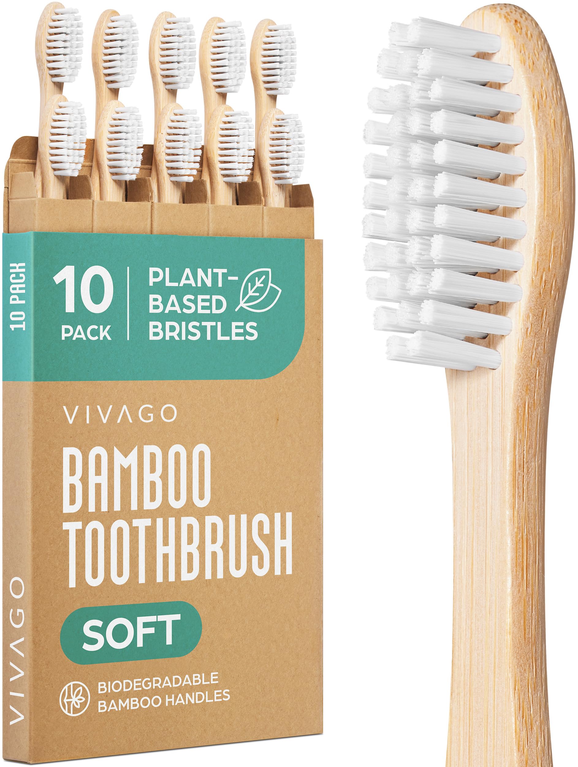 VIVAGO Bamboo Toothbrushes 10 Pack – Plant-Based Soft Bristles - Product Imagery