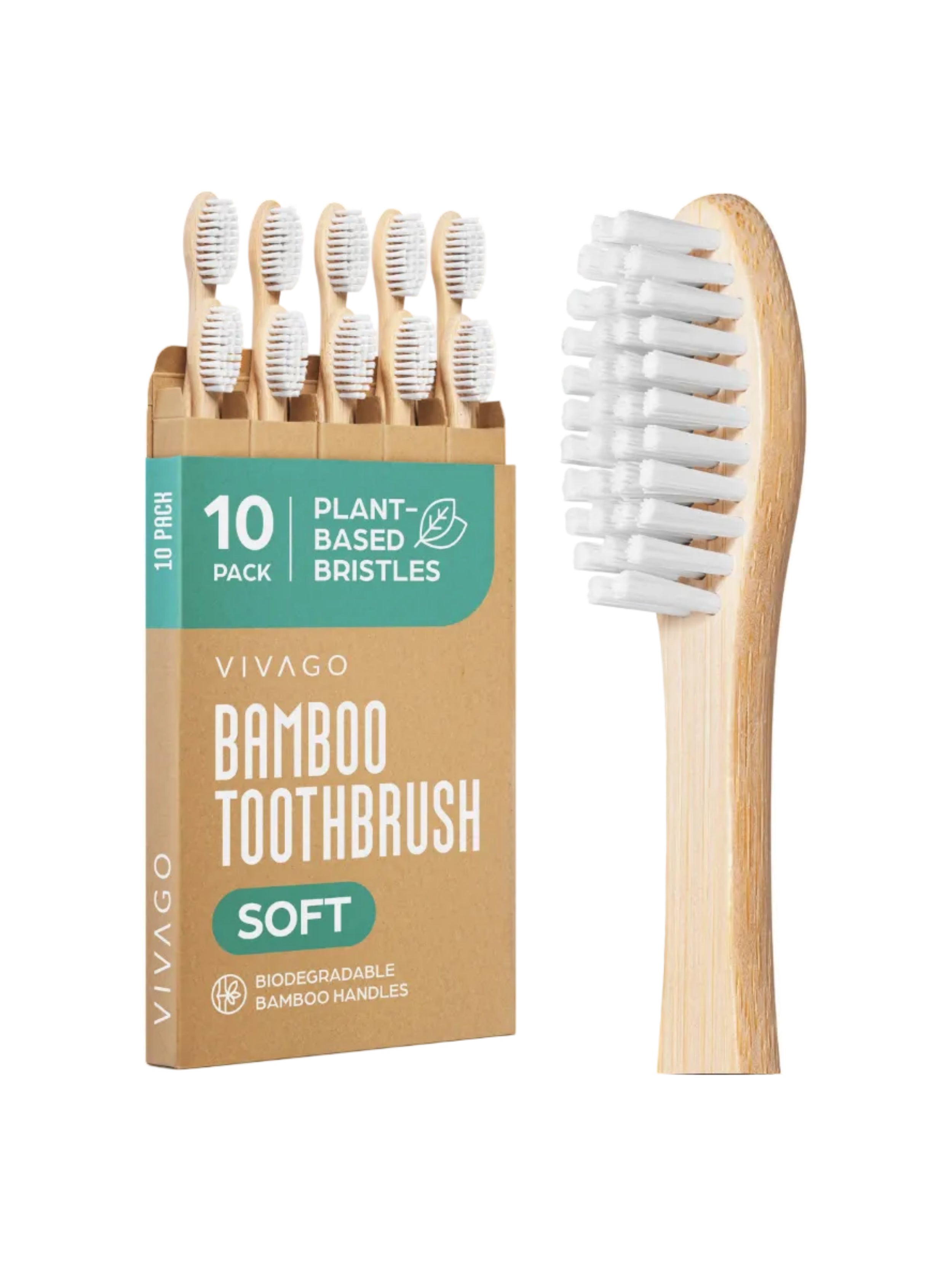 VIVAGO bamboo toothbrushes 10-pack with soft plant bristles, eco-friendly toothbrushes for gentle oral care.