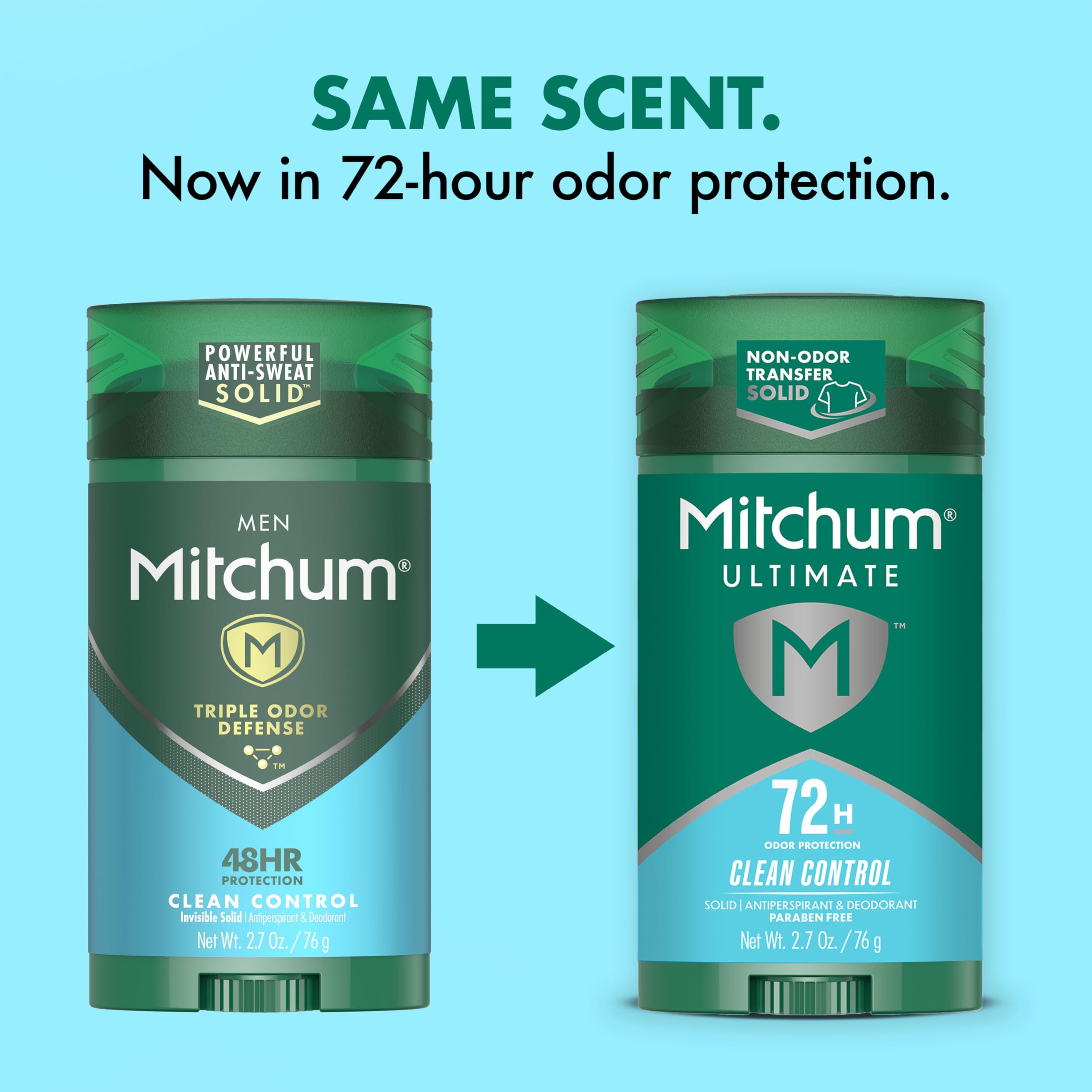 Mitchum 72H odor protection antiperspirant deodorant in a 81g pack, featuring clean control scent, showing the deodorant stick.