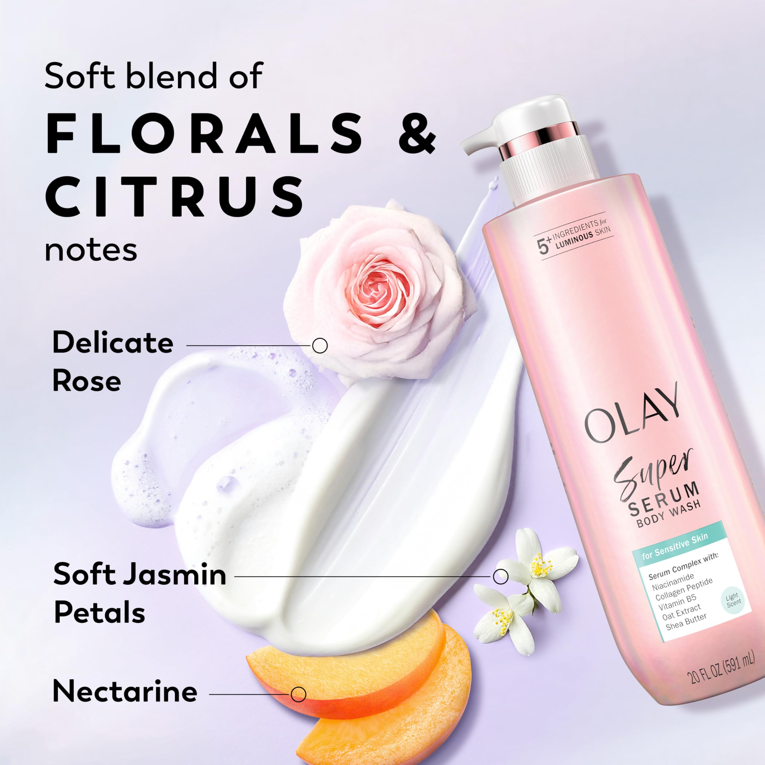 Olay Super Serum Body Wash for Sensitive Skin, 24hr Long Lasting Rich Hydration, 5+ Ingredient Complex for Bright, Even, Firm & Luminous Skin, with Collagen Peptide, Vitamin B5 & Shea Butter, 20 fl oz