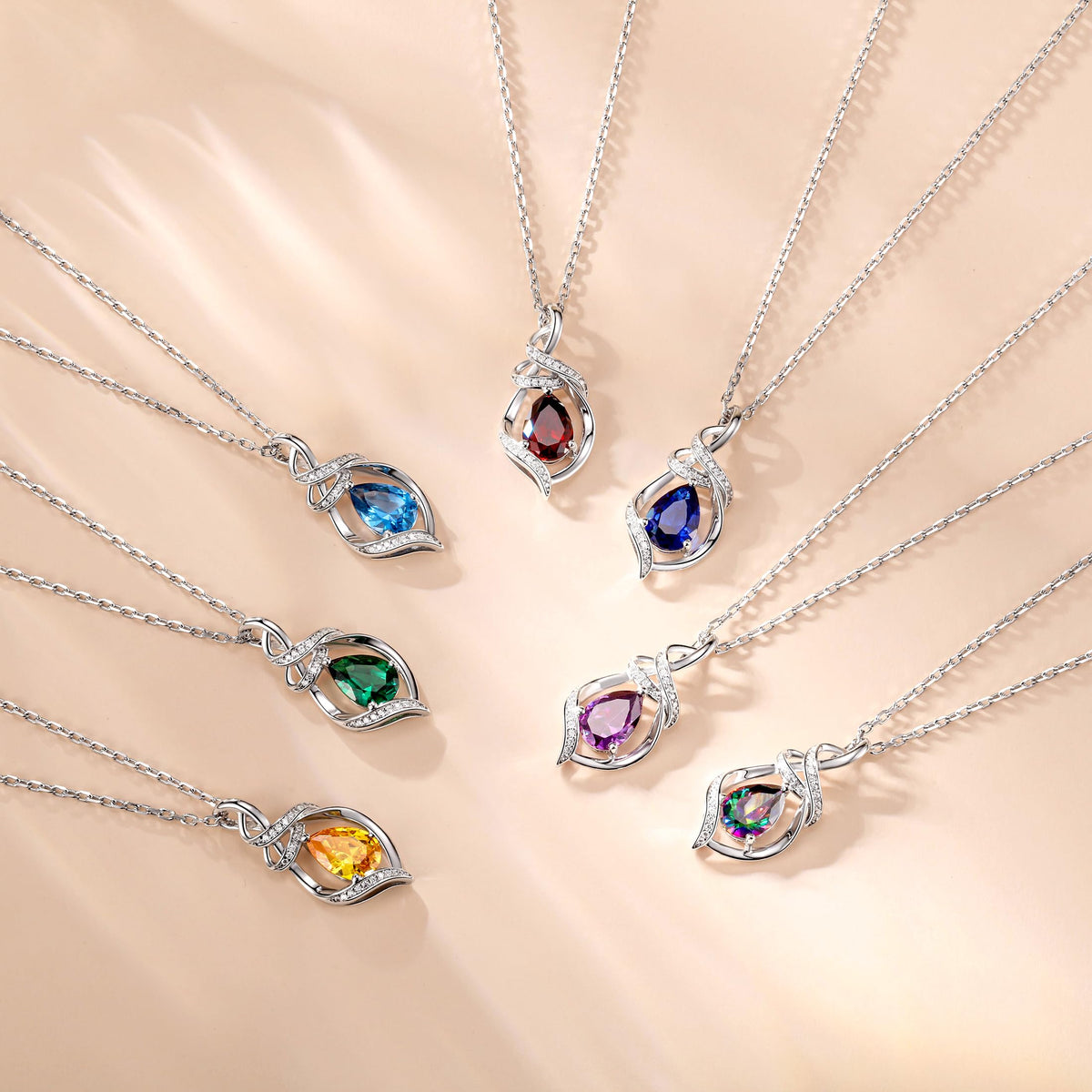 FANCIME Birthstone Necklace for Women Sterling Silver Teardrop Pendant – back view and specifications
