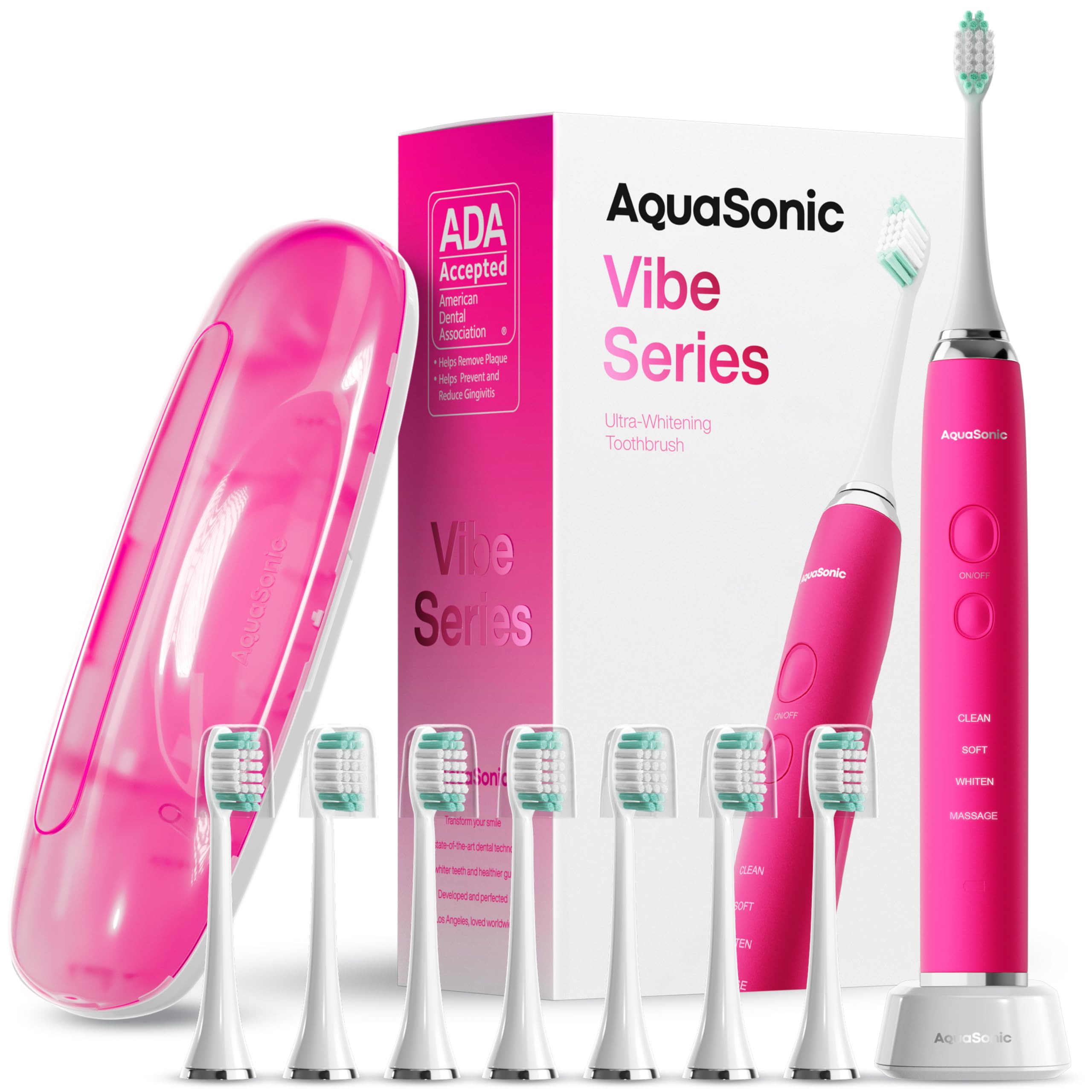 Aquasonic Vibe Series electric pink toothbrush with 8 brush heads, travel case, 40,000 VPM motor, and four cleaning modes.