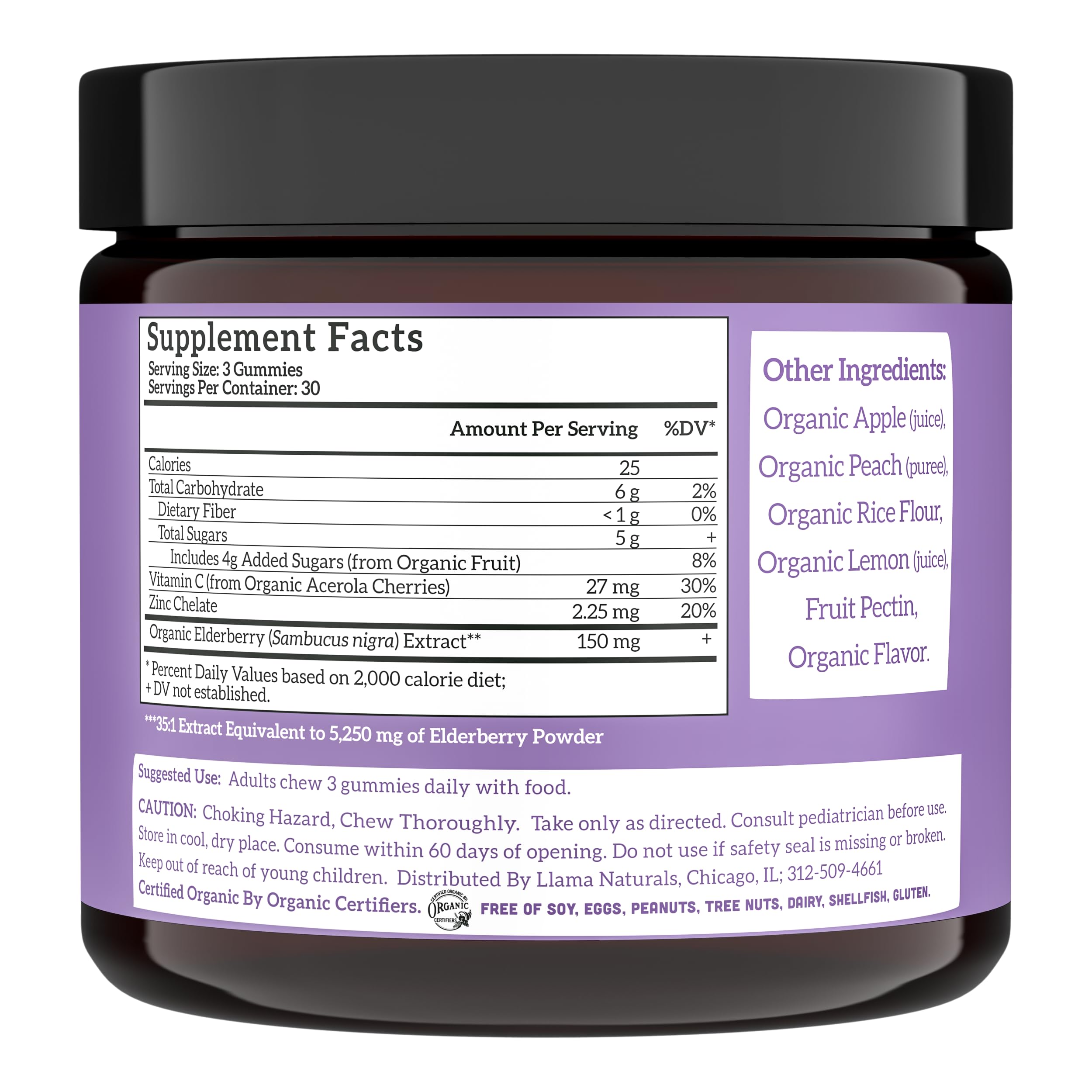 Llama Naturals Elderberry Gummies for Adults, Vegan, Organic Immune Support Supplement with Vitamin C and Zinc, Real Fruit Gummy Vitamins for Immunity, Chewable, No Added Sugar Cane, 90 Ct