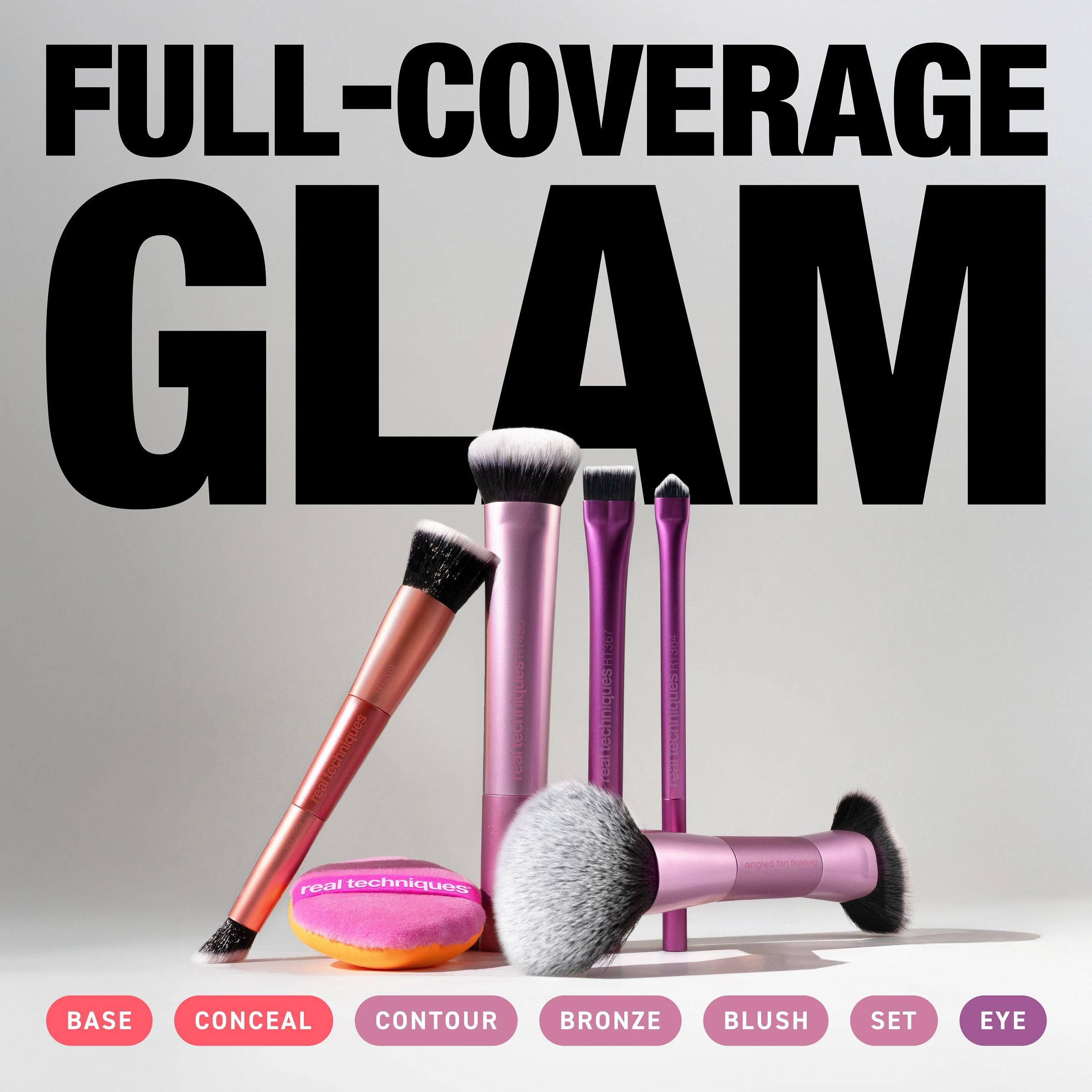 Real Techniques Big Blends Energy Brush and dual-sided puff kit, 6-piece cosmetic brush set for makeup application.