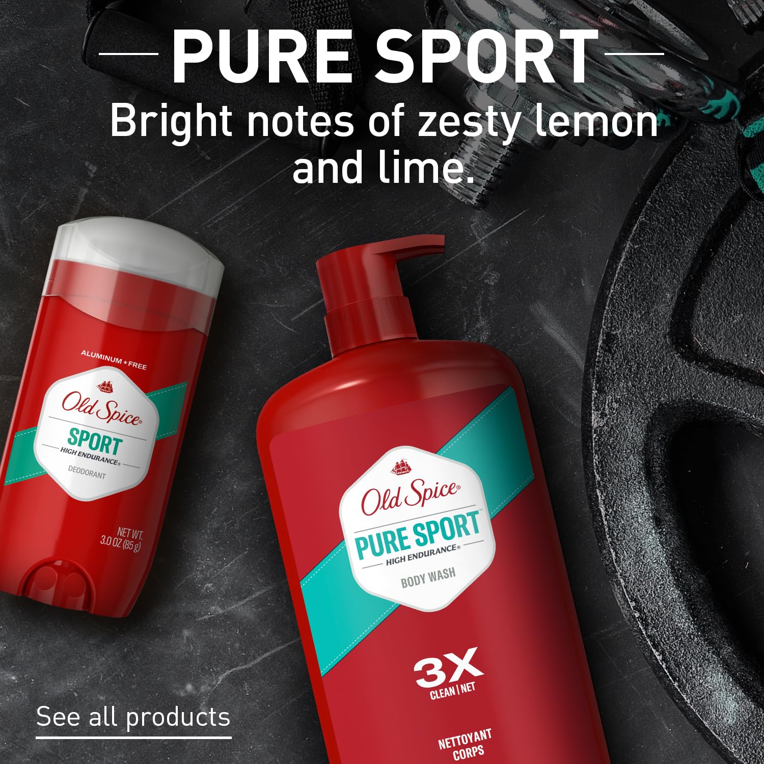 Old Spice High Endurance Body Wash Pure Sport in a 33.4oz bottle, shown in a pack of four with sporty packaging.