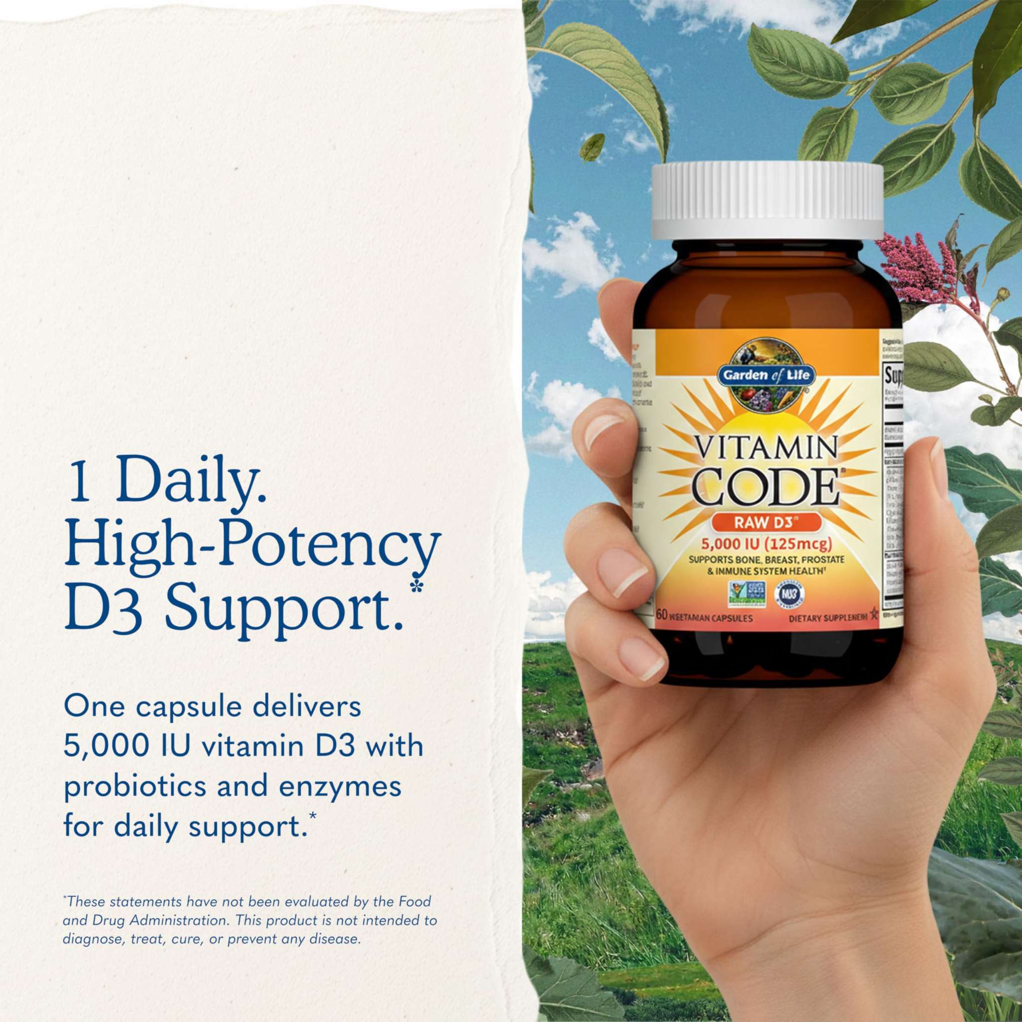 Garden of Life Vitamin D3 5000 IU raw whole food vegan supplement in a 60-count bottle.