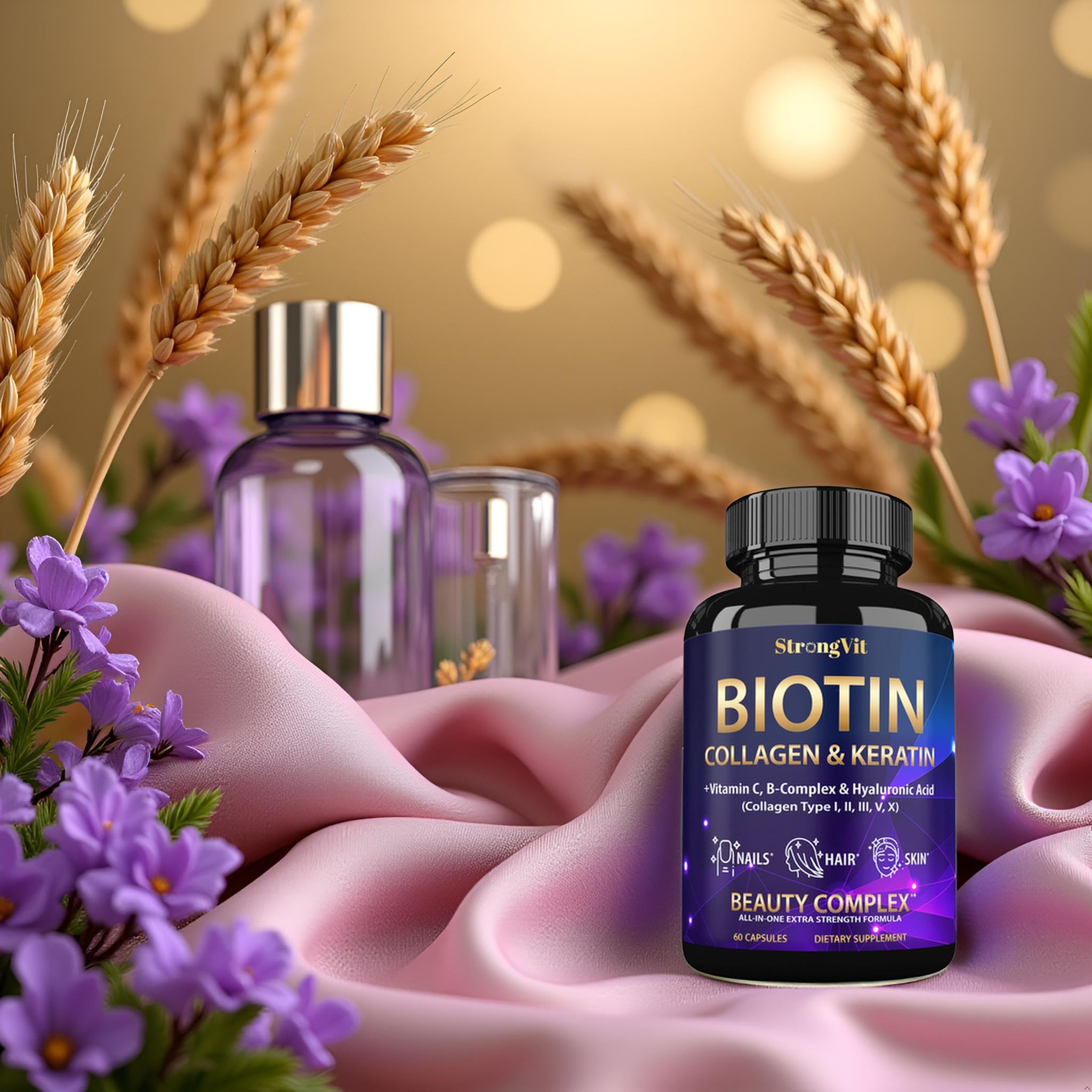 StrongVit Biotin with Hyaluronic Acid, Keratin and Collagen Supplements - 10000mcg for Hair Growth Women and Men - Hair Skin and Nails Vitamins - 60 Capsules