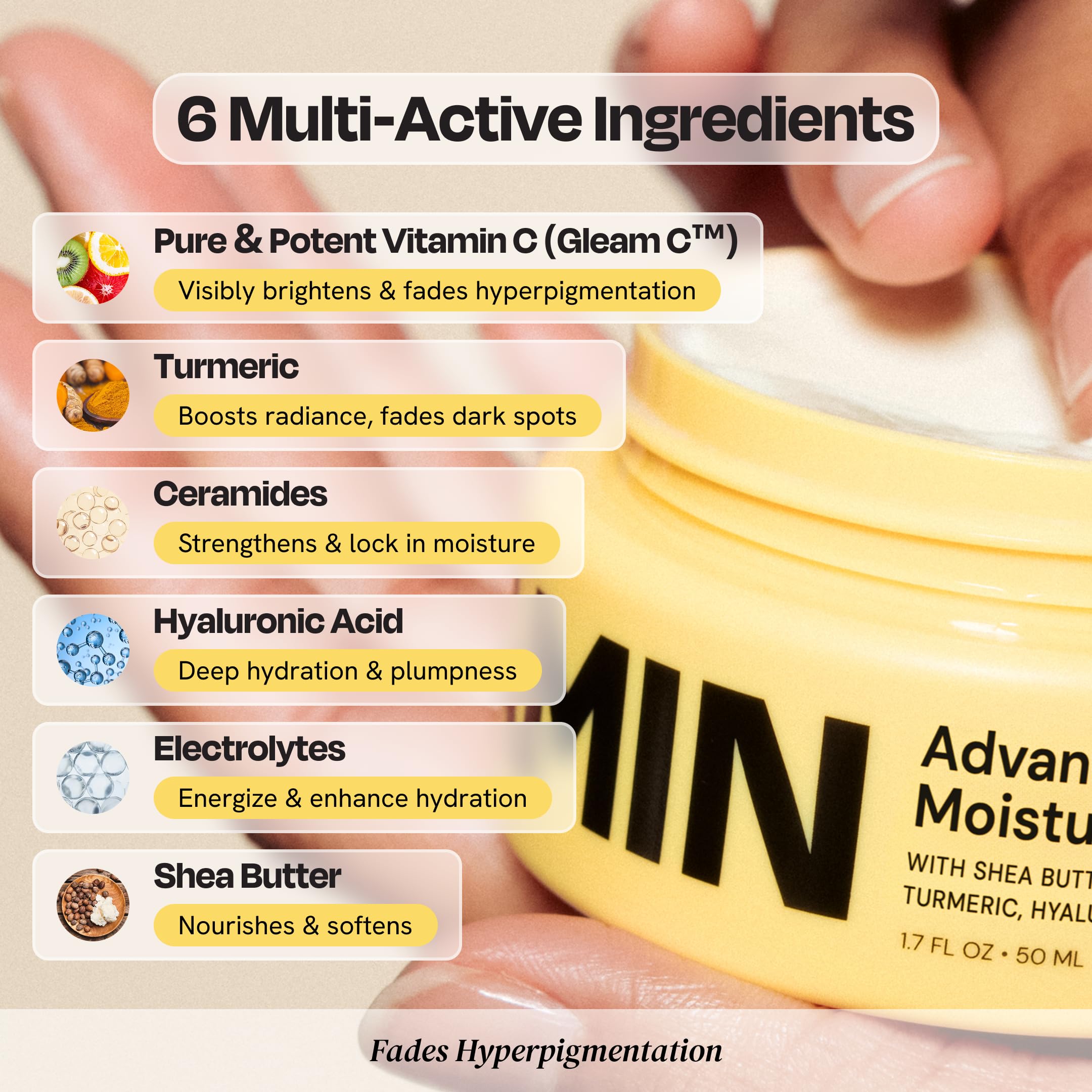 Gleamin Brightening Face Moisturizer in 1.7 fl oz bottle, featuring smooth cream texture and clean packaging.
