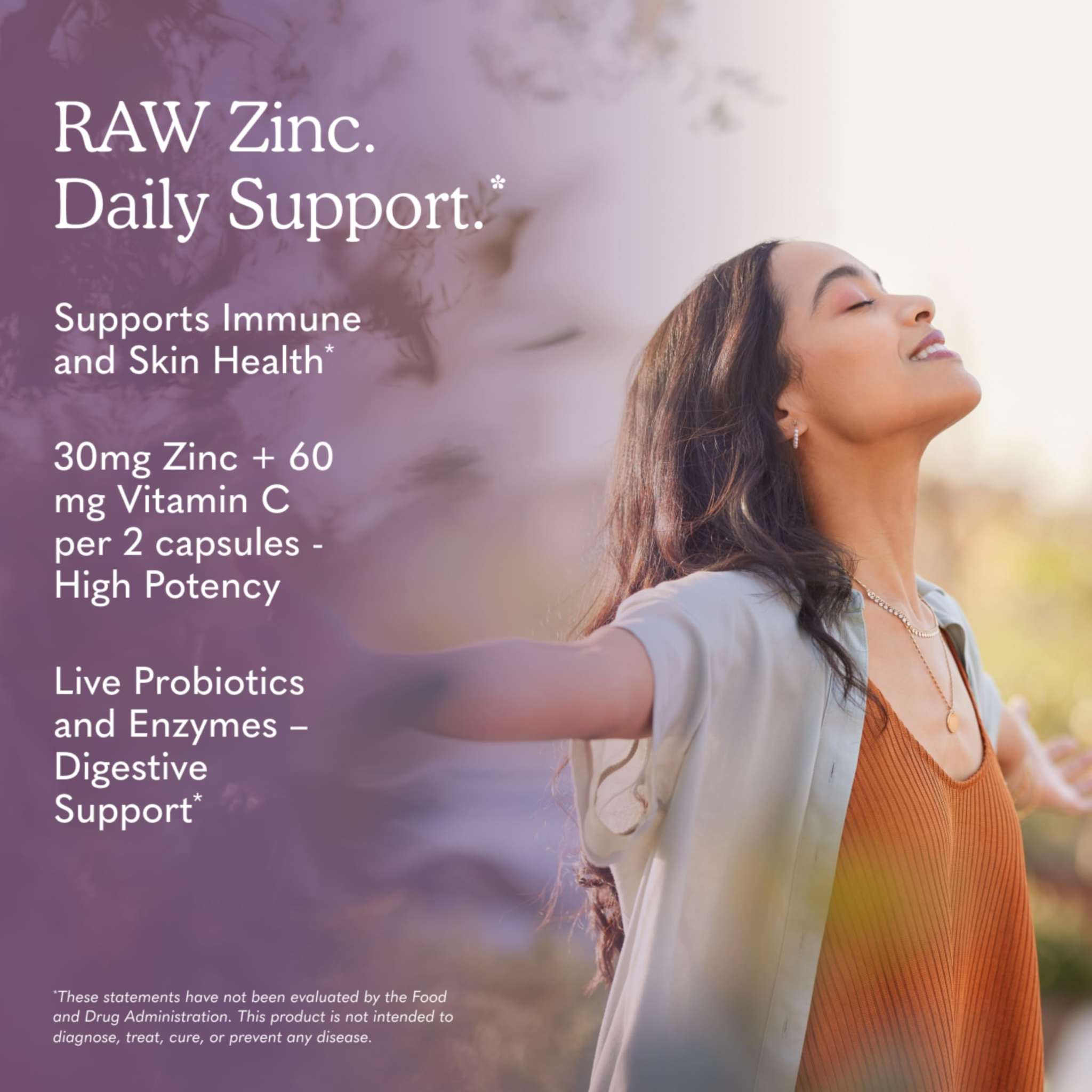 Garden of Life RAW Zinc 30mg and Vitamin C 60 vegan capsules in a bottle, dietary supplement for immune support.