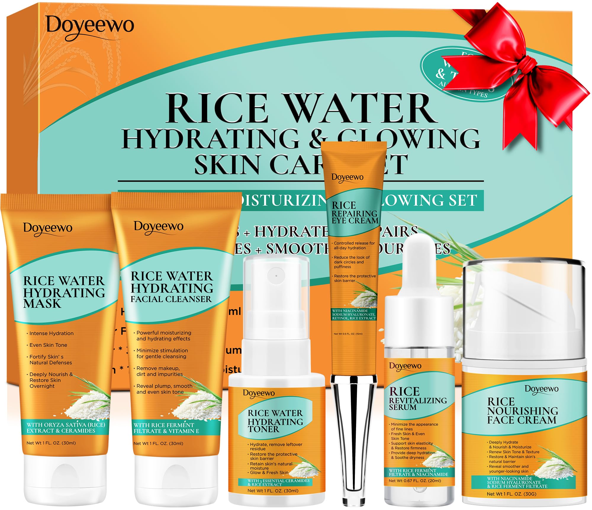 Skin Care Set w/Korean Rice Extract for Hydration,Glow,Repair - Product Imagery