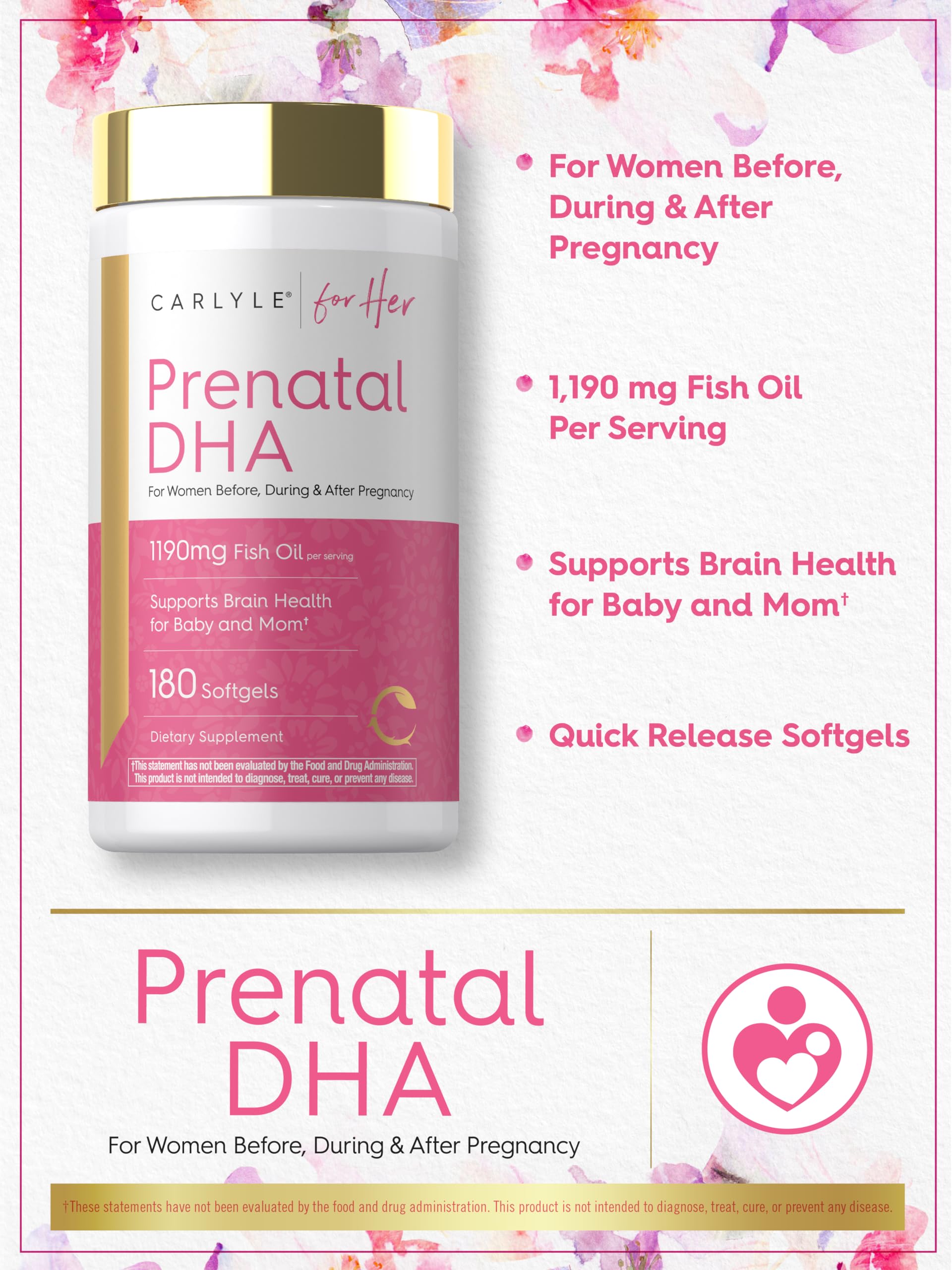 Carlyle Prenatal DHA Vitamin softgels in a bottle, dietary supplement for pregnancy health, 180 softgels.
