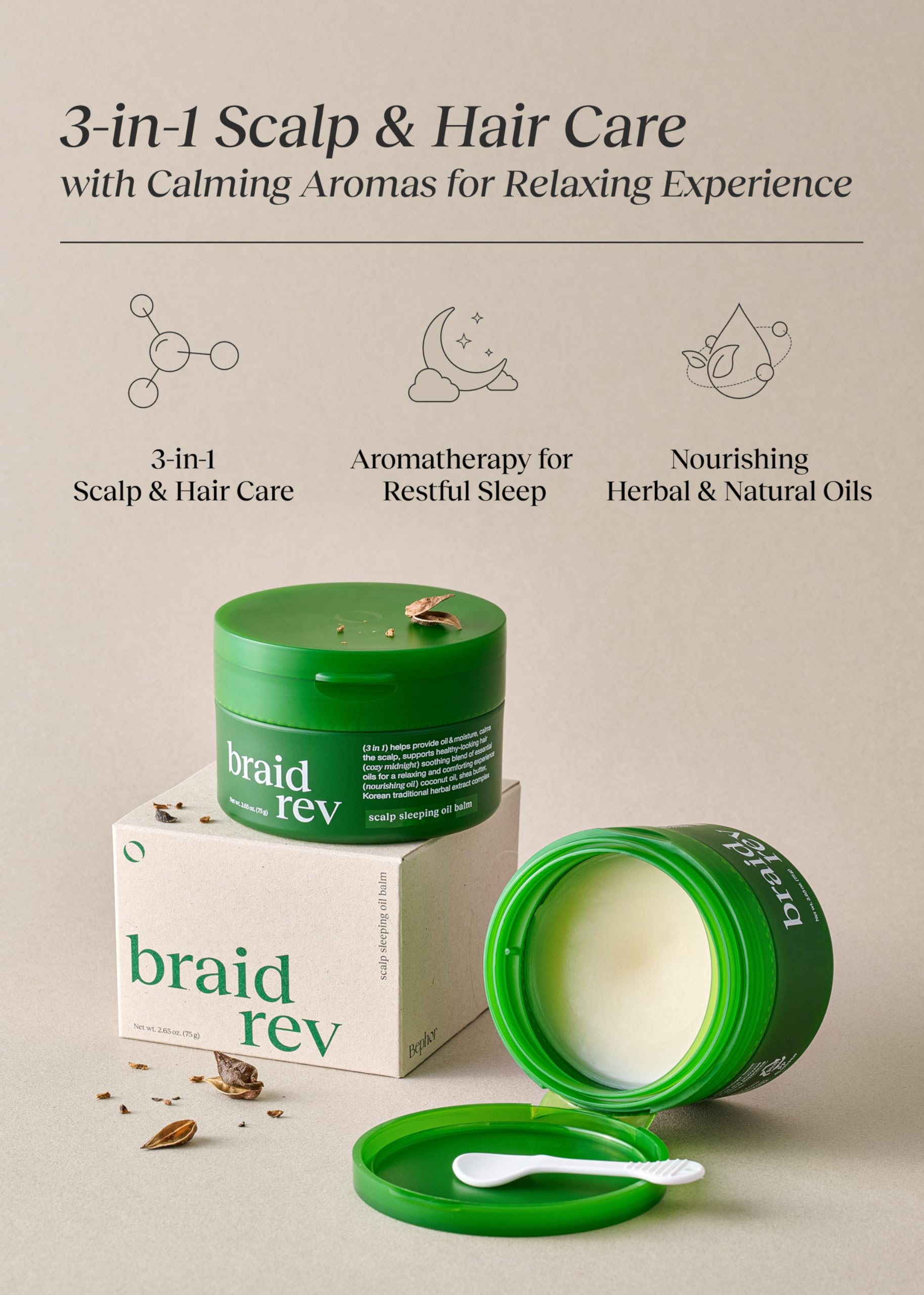Bephor Braid Rev Scalp Sleeping Oil Balm in 2.65 oz container, nourishing night care for hair and scalp, visible jar and applicator.