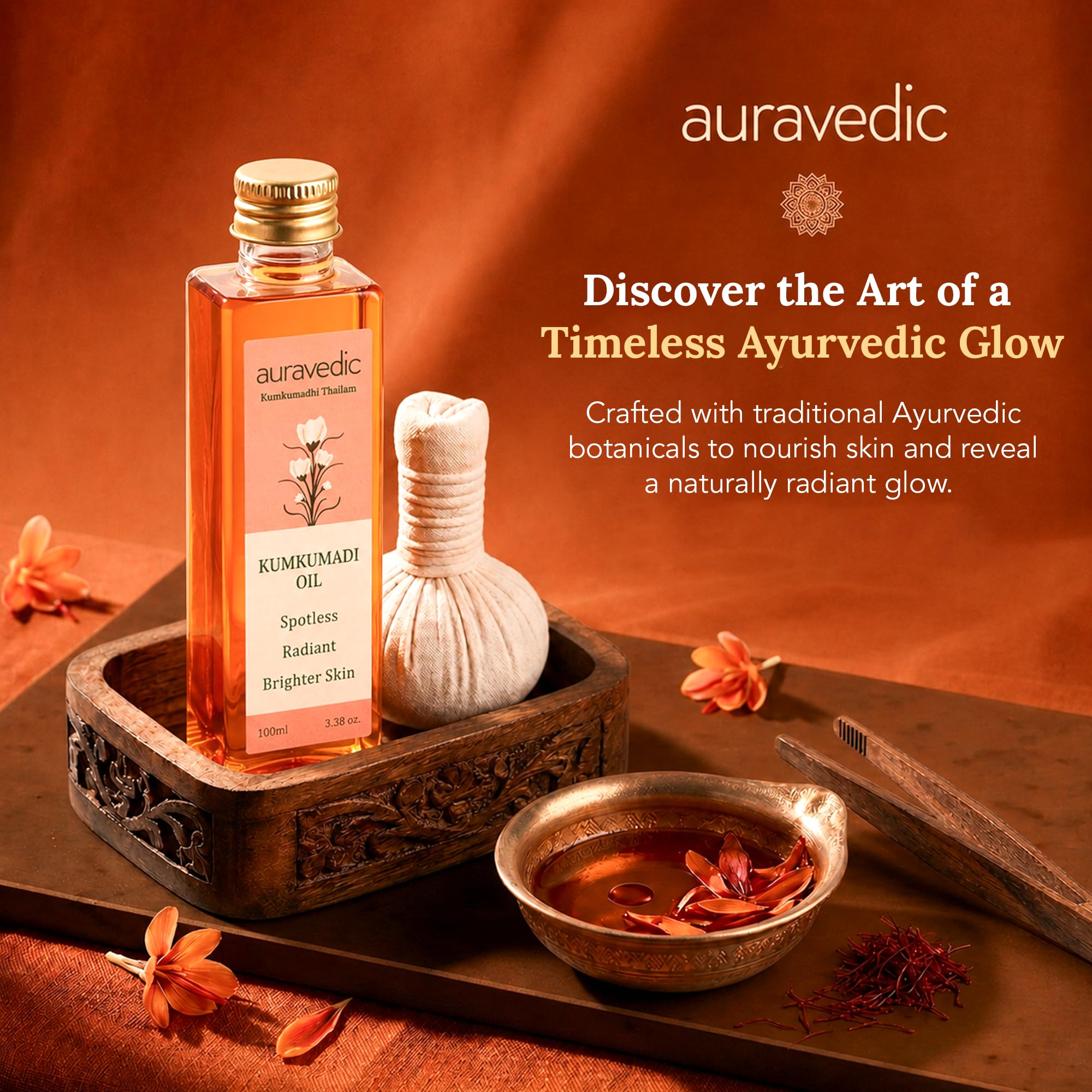 Auravedic Kumkumadi Oil Pure Saffron for Ultra Radiant Skin | Ayurvedic Oil for Dull, Dehydrated & Tired Skin | Lightweight Hydrating Formula for Smooth Texture | 3.38 Fl Oz (100ml)