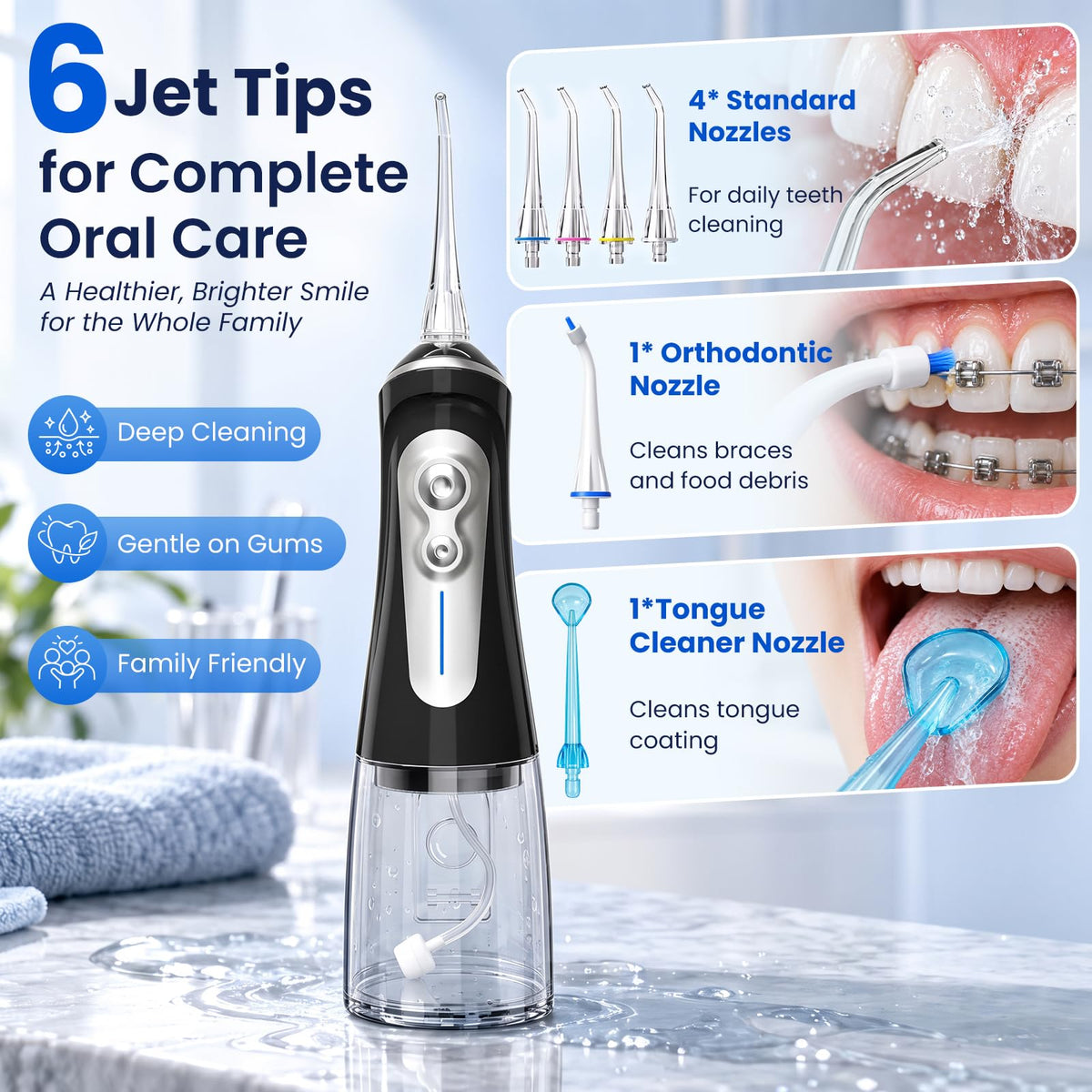 Xsmfyh Portable & Cordless Water Flosser, 6 Speed & DIY, 320ML Detachable Tank – packaging and label