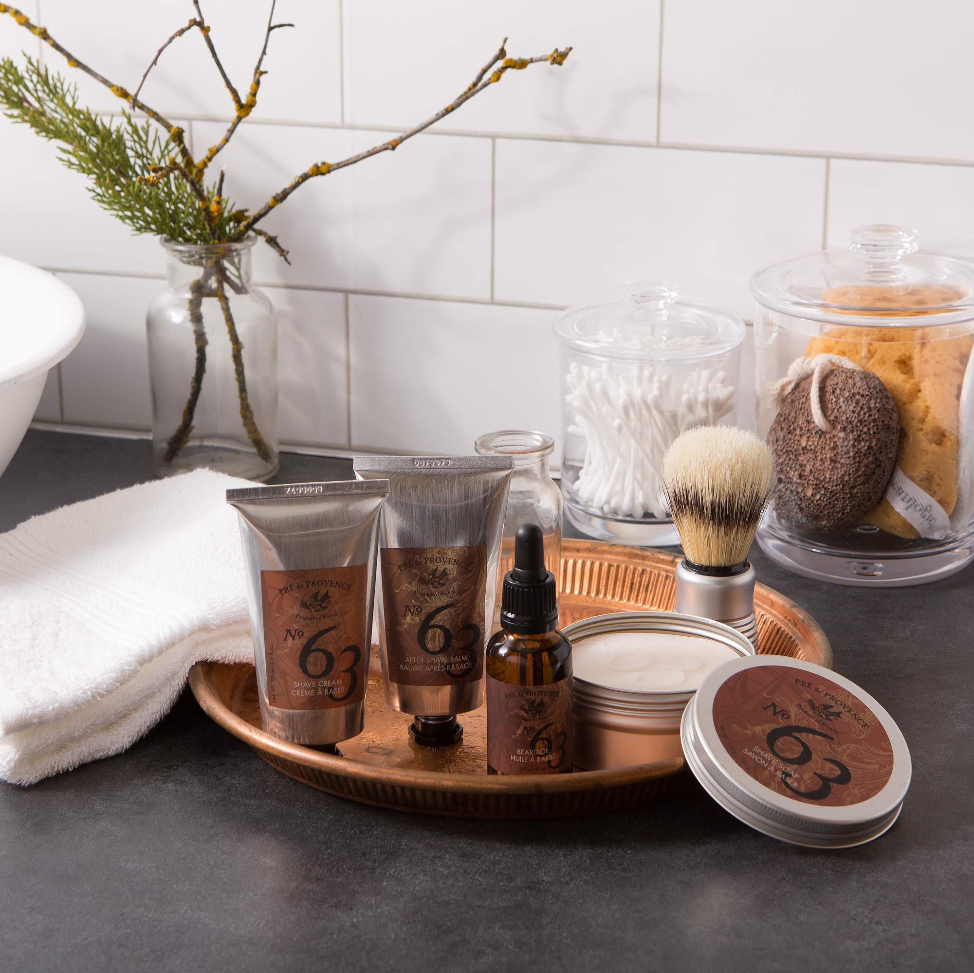 Pre de Provence No.63 men's shave soap with tin, featuring creamy lather and classic packaging for a smooth shave.
