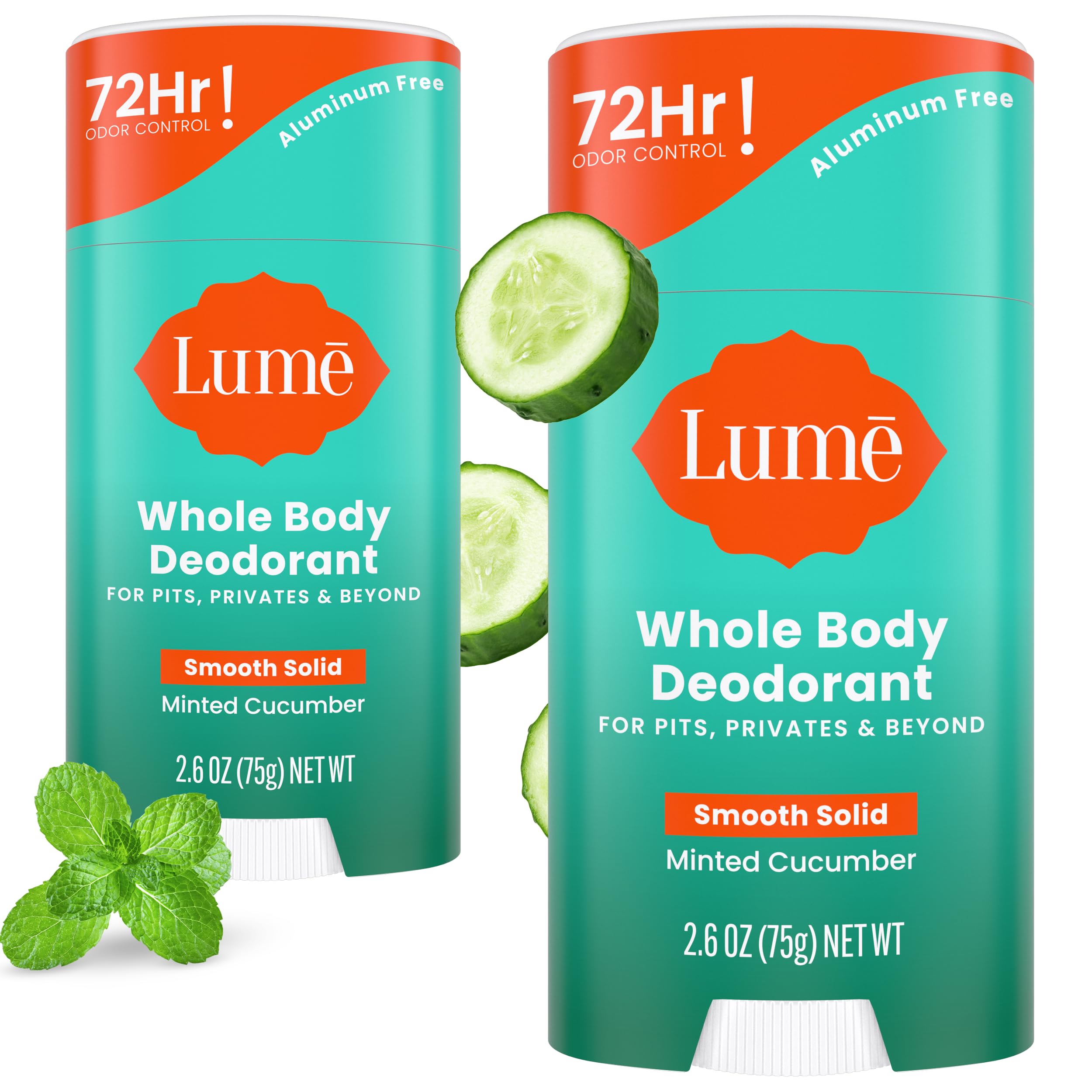 Lume Whole Body Deodorant Solid Stick 2.6 oz, two-pack, natural body deodorant in white solid stick form.
