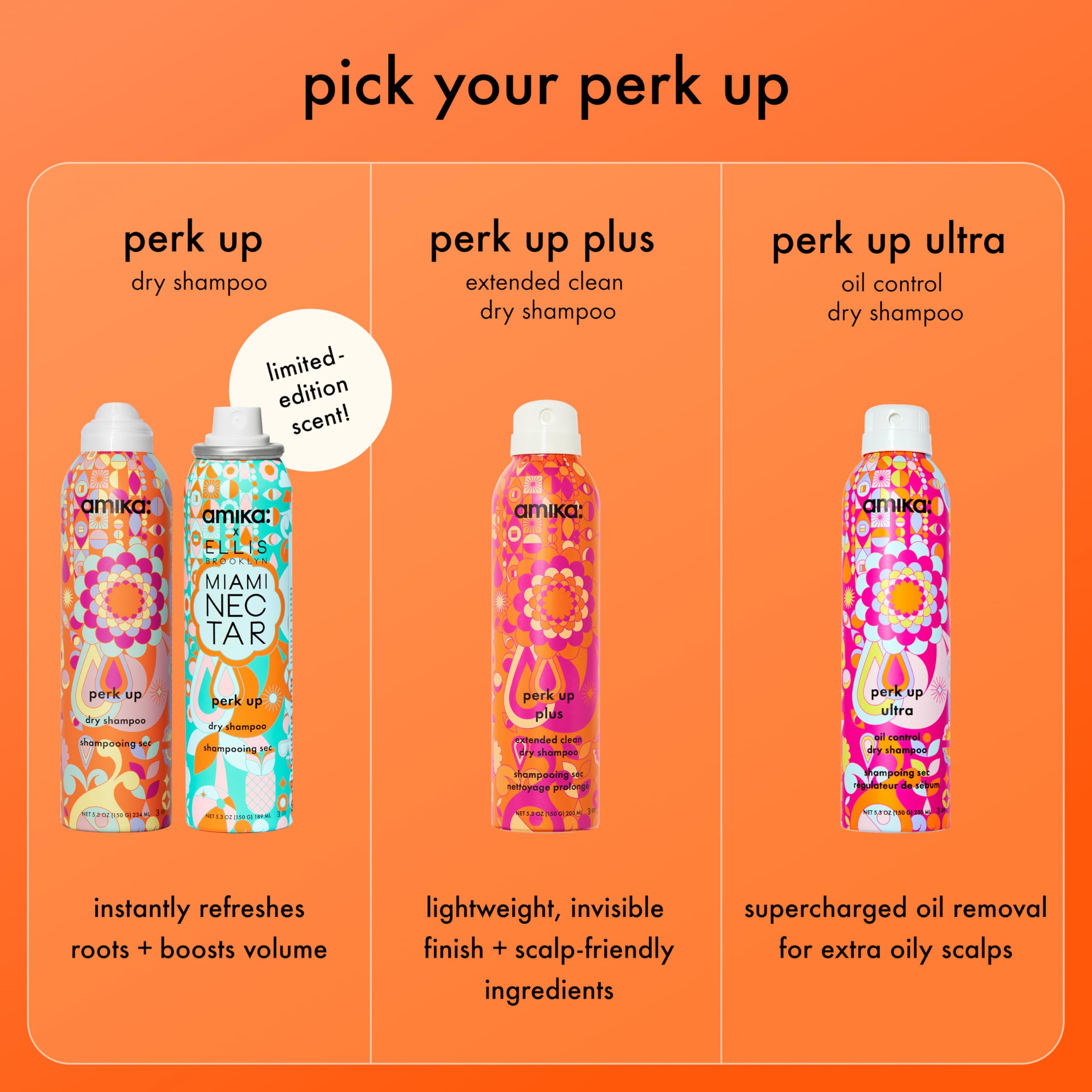 Amika Perk Up Dry Shampoo bottle, 5.3 oz, showing the black and pink packaging with product label.