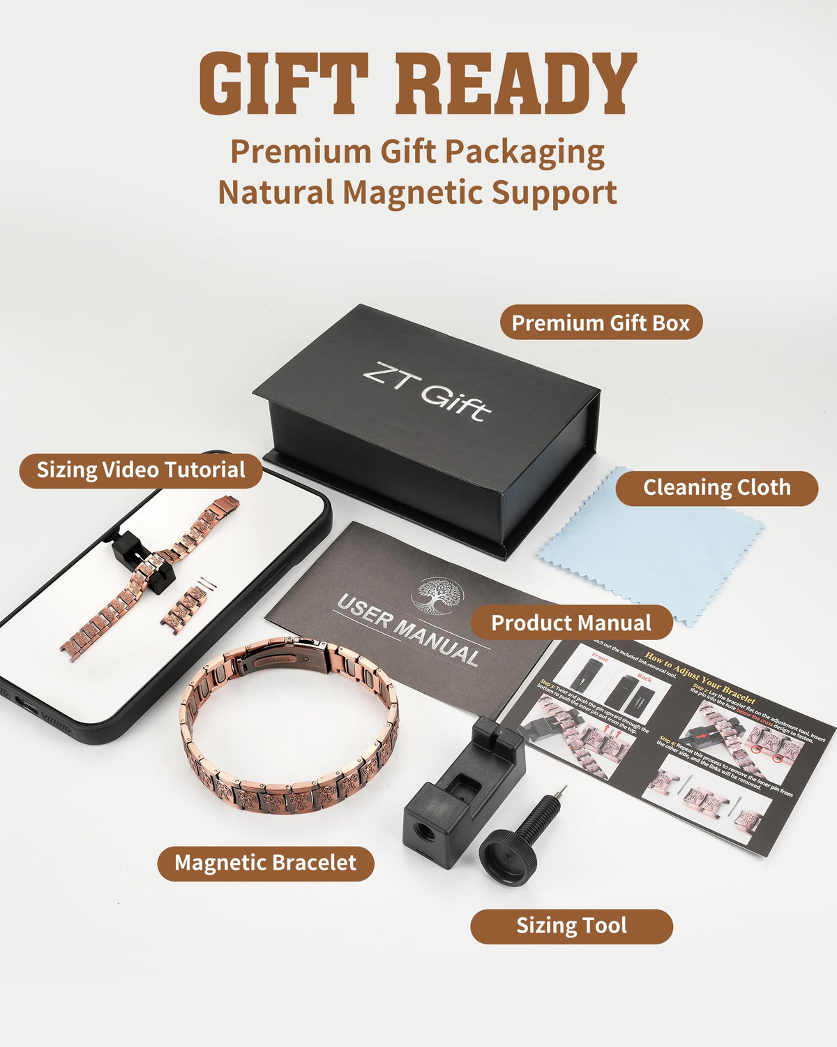 Trinckle Copper Magnetic Bracelet for Men with 5X Strength 5000Gauss Magnet – back view and specifications