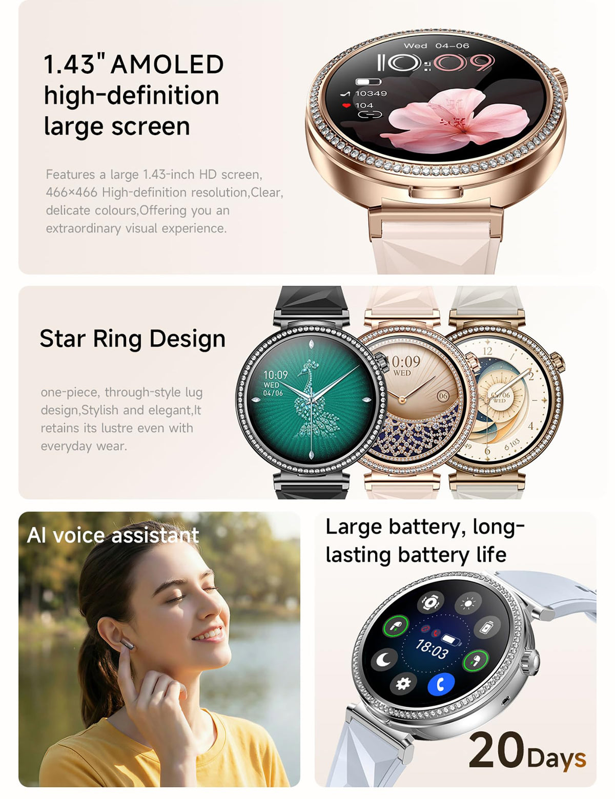 Ateclouds Smart Watches with Earbuds for Women Android/iPhone, Answer Call – full view, size 1.43 inches