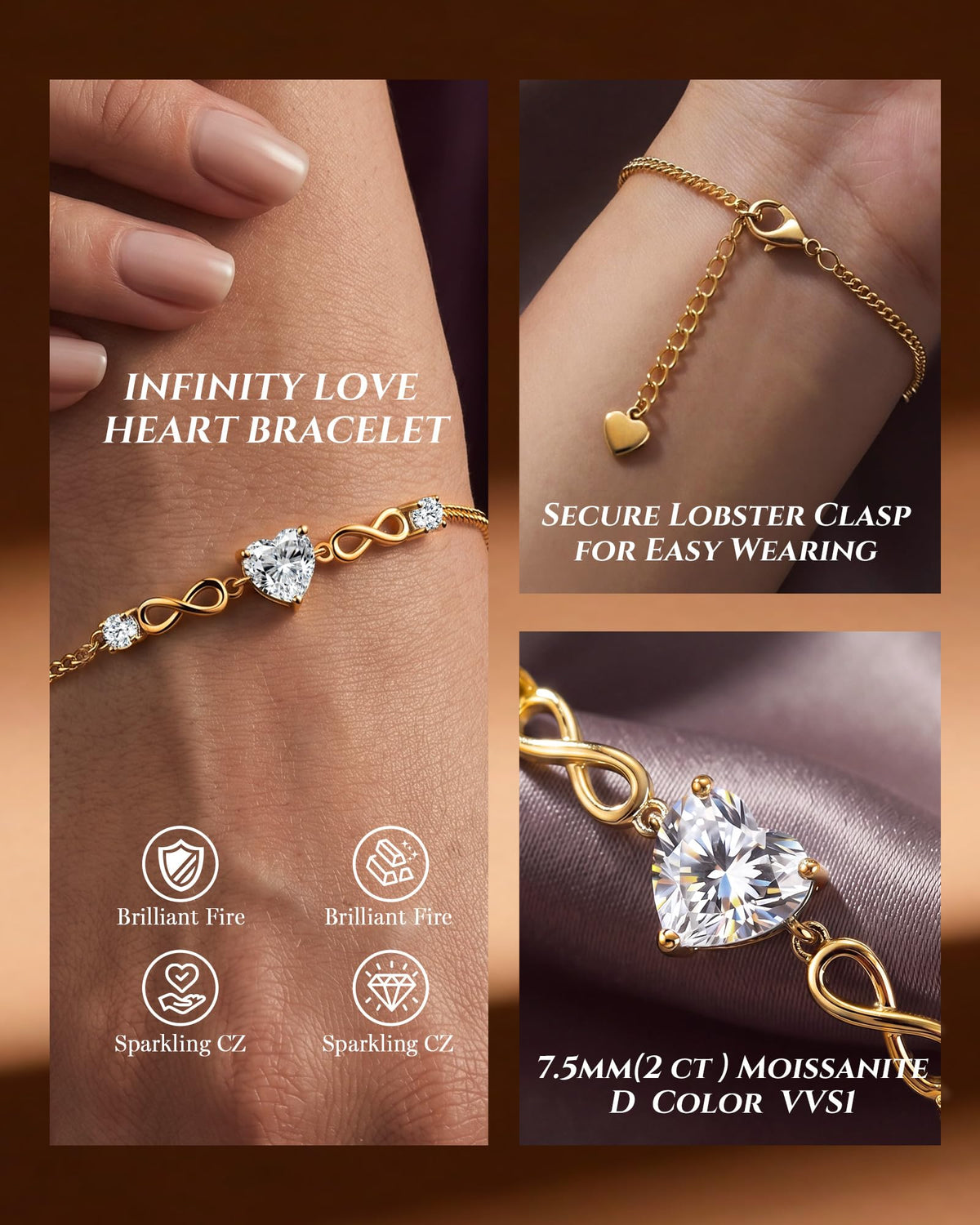 CDE Engraved I Love You Heart Moissanite Bracelets Jewelry Gifts for Women – full view, size Medium