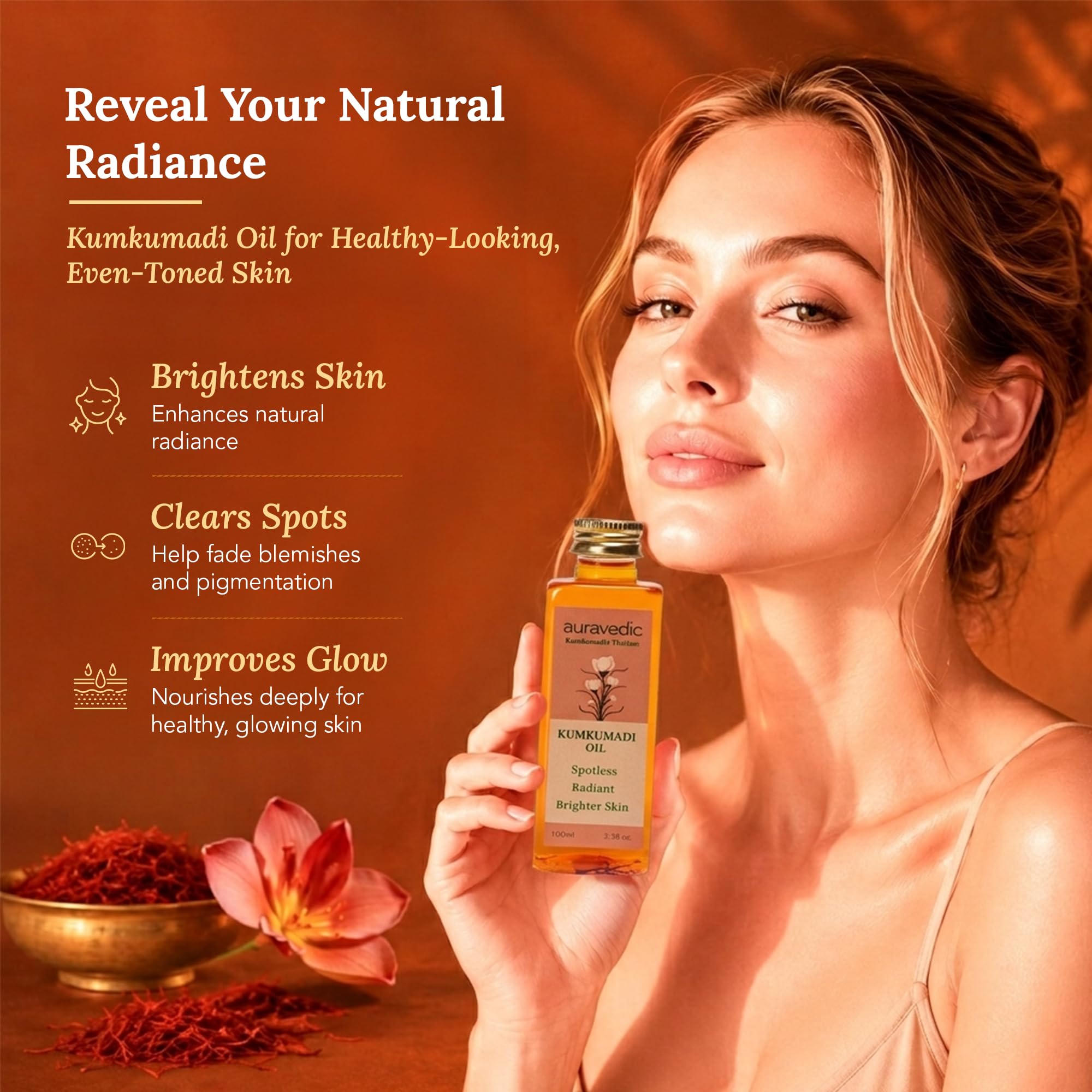 Auravedic Kumkumadi Oil Pure Saffron for Ultra Radiant Skin | Ayurvedic Oil for Dull, Dehydrated & Tired Skin | Lightweight Hydrating Formula for Smooth Texture | 3.38 Fl Oz (100ml)