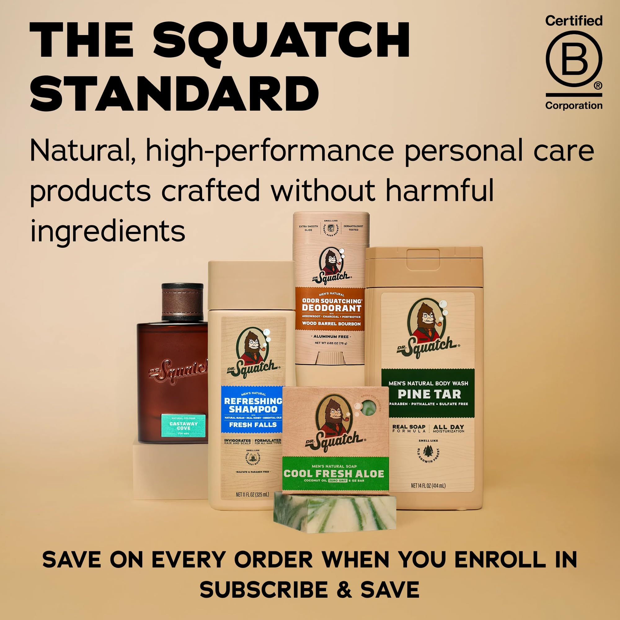 Dr. Squatch natural body deodorant 2-pack with Coconut Castaway and Fresh Falls scents, featuring natural ingredients and masculine packaging.