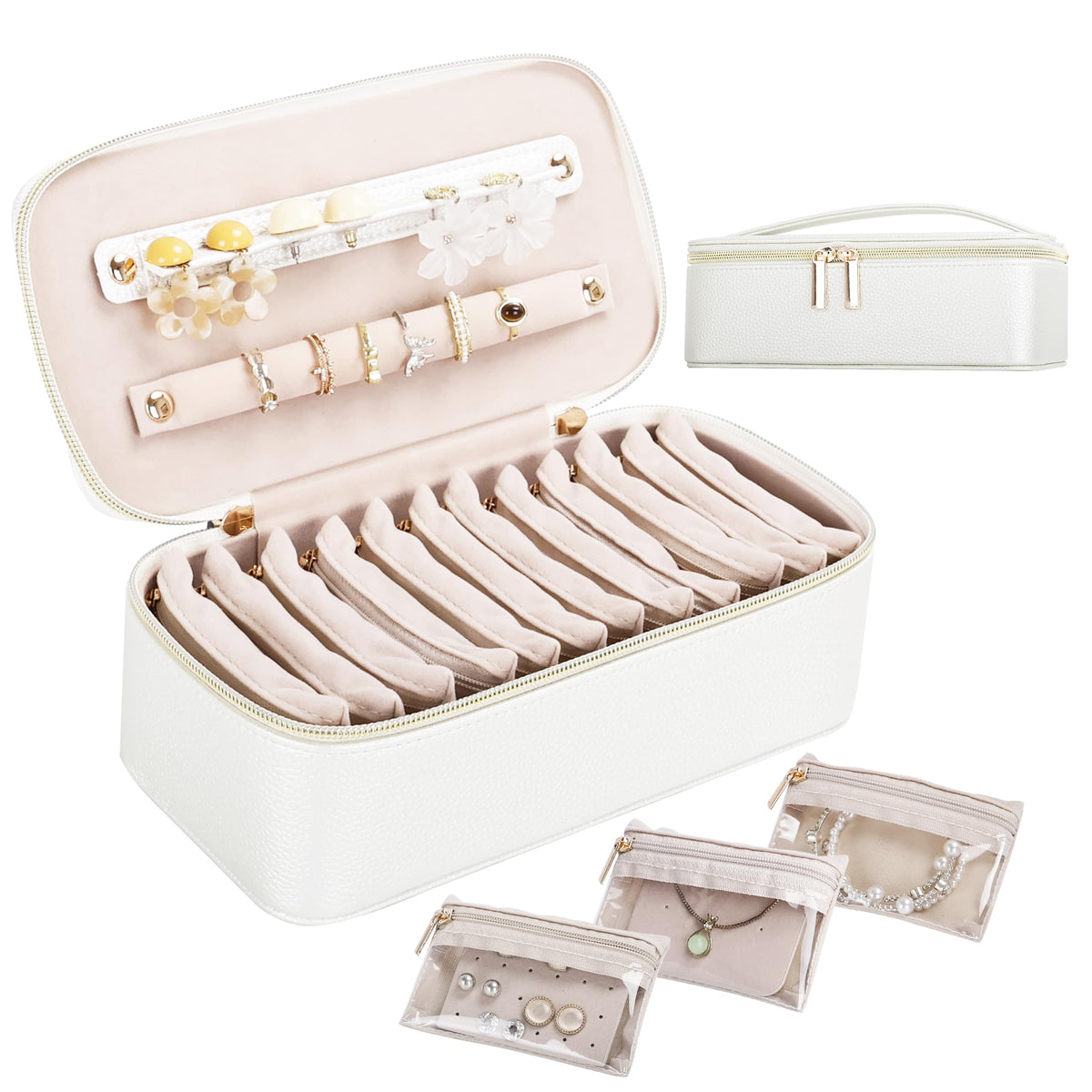 Cuifdem Large Jewelry Travel Box with 12 Velvet Jewelry Pouches, Beige – Beige, Faux Leather