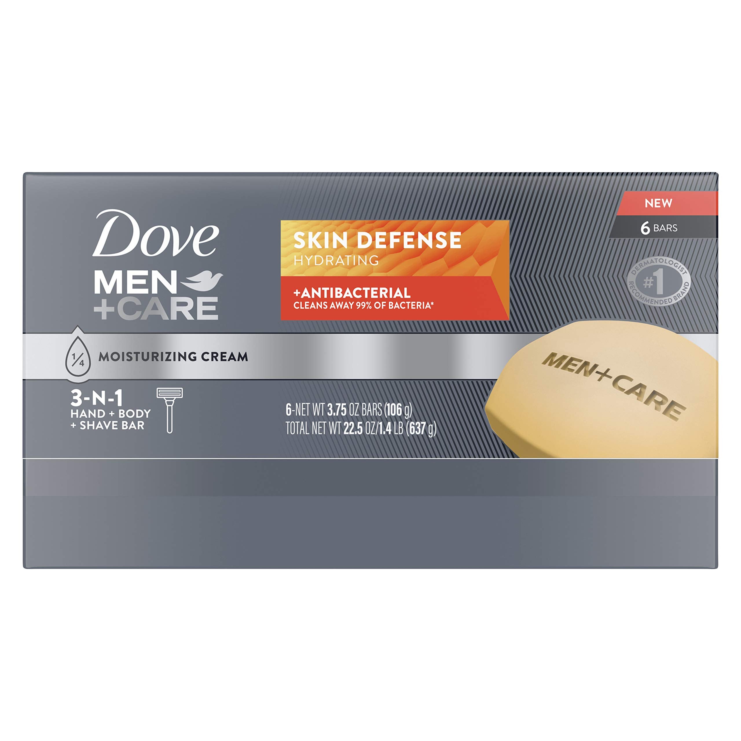 Dove Men+Care soap bars for skin cleansing, hydrating, and nourishing, with antibacterial cream, 3.75 oz each, six-pack.
