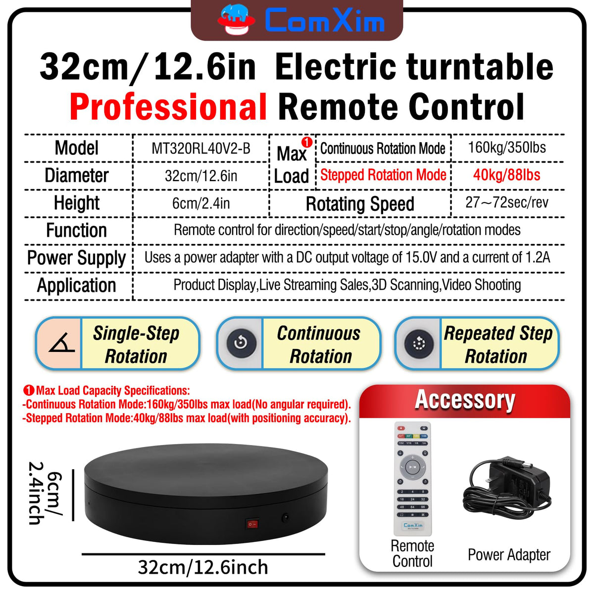 32cm Rotating Platform 350lbs Capacity Motorized Electric - ComXim Official Imagery - 3
